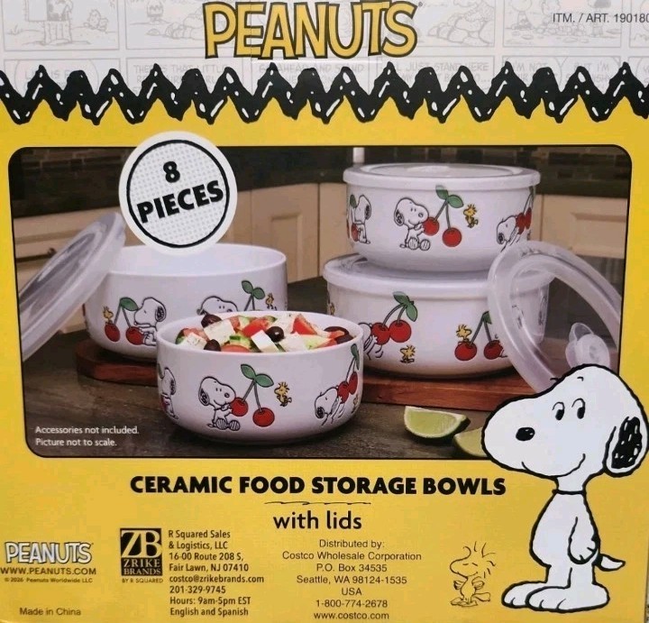 Peanuts Snoopy 8 PC Ceramic Food Storage Bowls with Lids Cherries