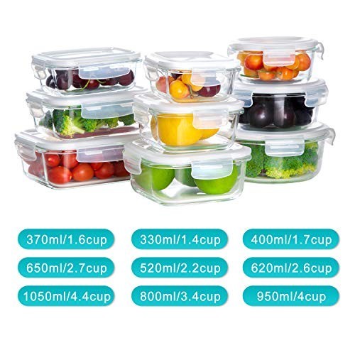 Glass Food Storage Containers 9 Set Airtight Leak Proof Meal Prep BPA Free Oven