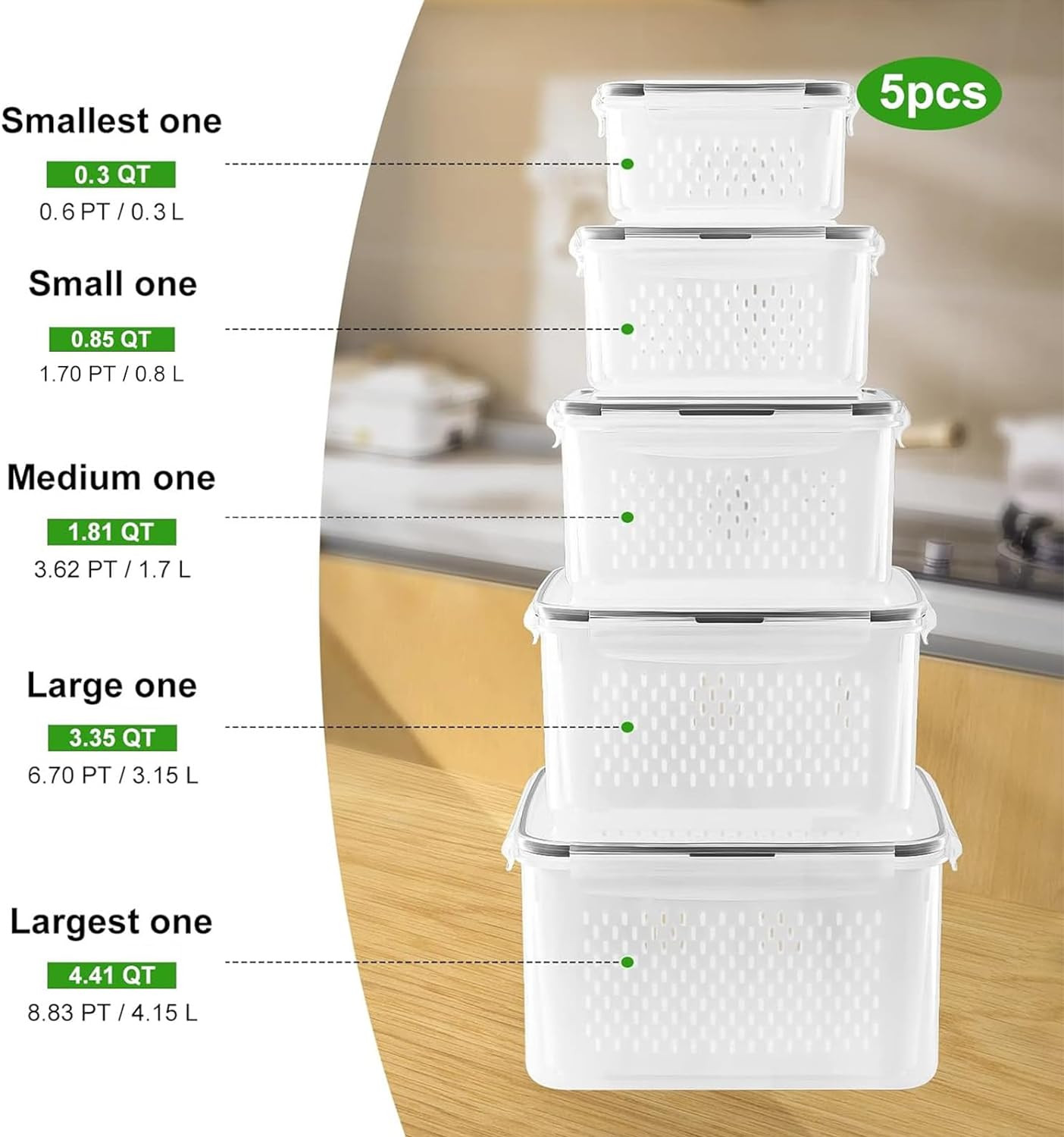 5 PCS Large Fruit Containers for Fridge – Leakproof Food Storage Containers with