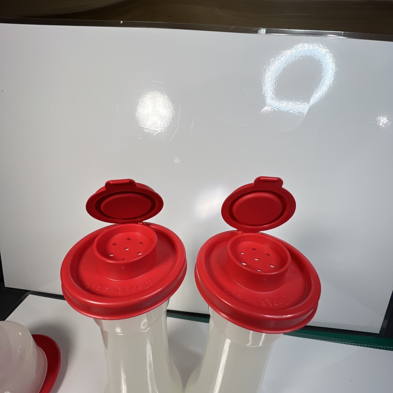 TUPPERWARE salt and pepper shakers & butter dish Red Frosted White