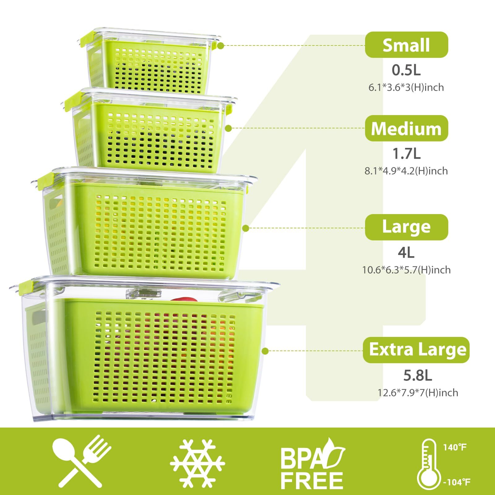 Fruit Vegetable Storage Container, 4 Pack Fresh Containers for Fridge with Li…