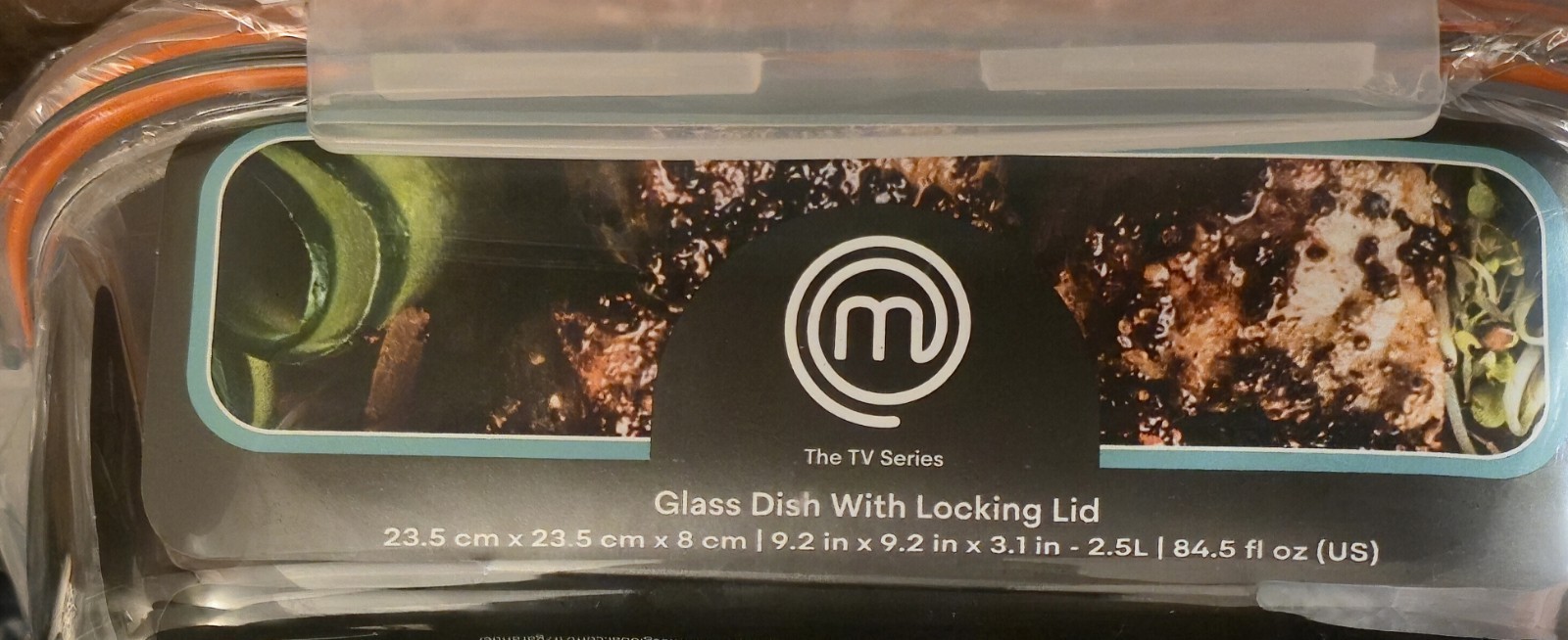 MasterChef Glass Dish With Locking Lid 2.5L Clear Orange Microwave Safe