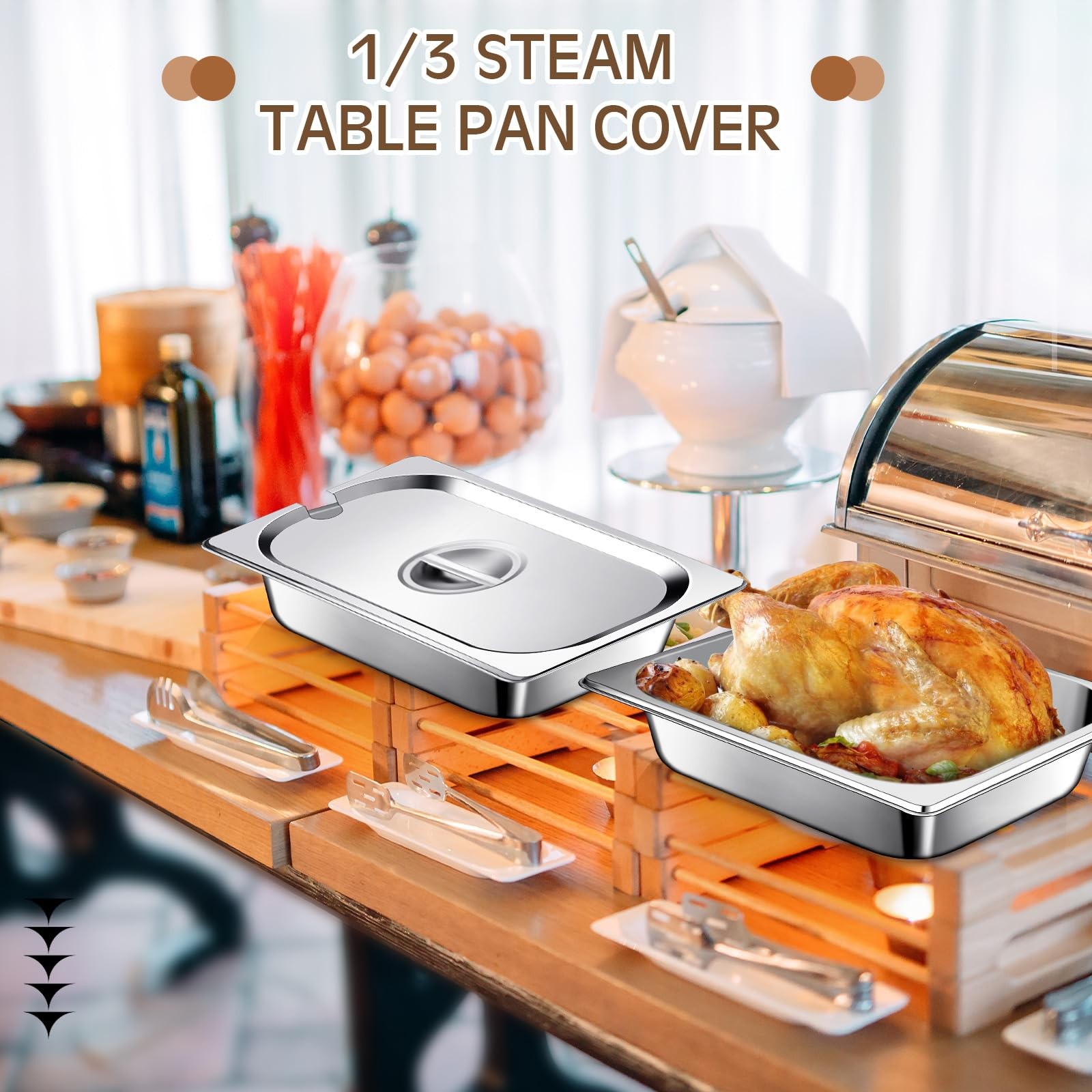6 Pack 1/3 Steam Table Pan Covers Stainless Steel Hotel Pan Lid with Handle C…