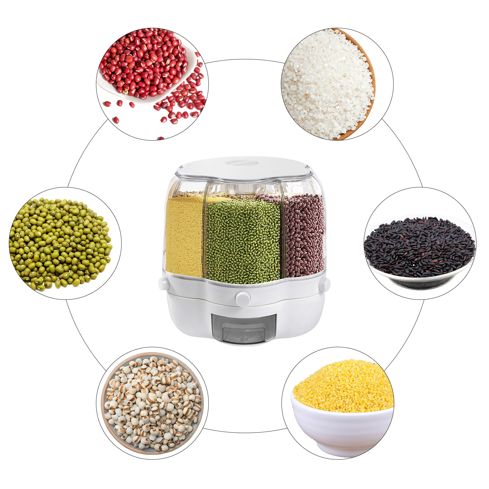 6-Grid Rotating Rice Dispenser for Dry Food Storage & Organization