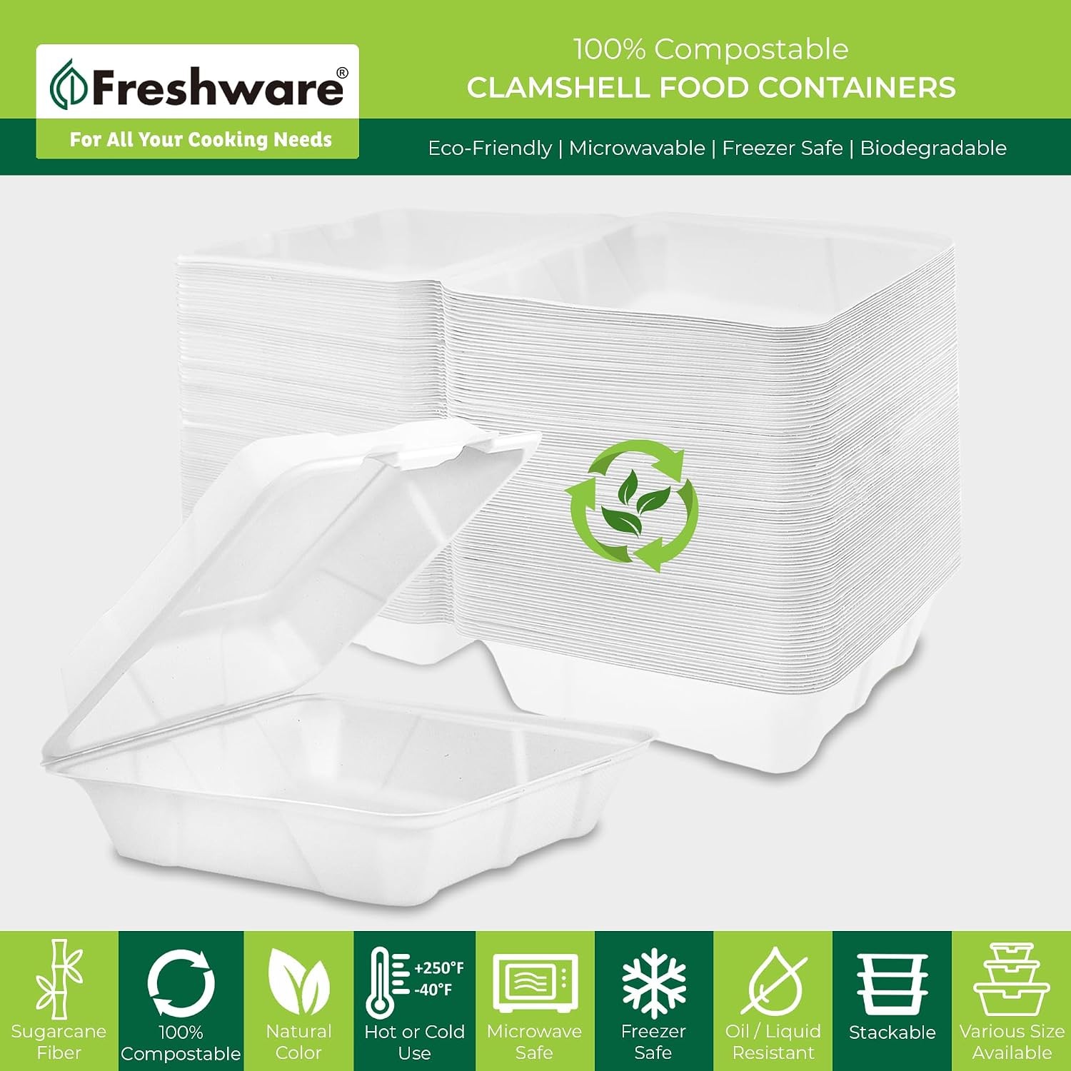 Freshware Clamshell Take Out Food Containers with Lids [9×9 200-Pack] Disposable