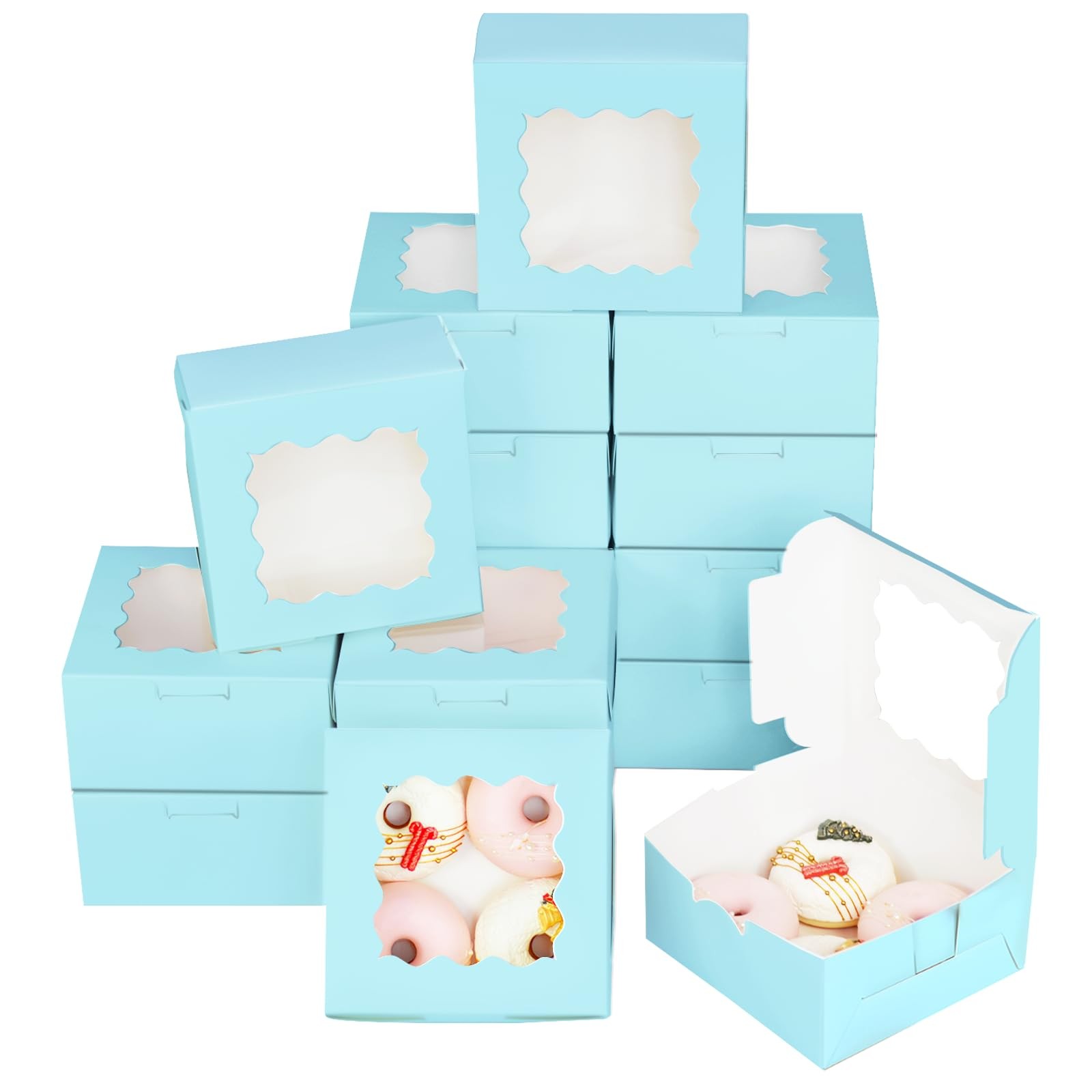 30 Pack Light Blue Bakery Boxes with Window 6x6x3 Inch Cookie Pastry Box Sturdy