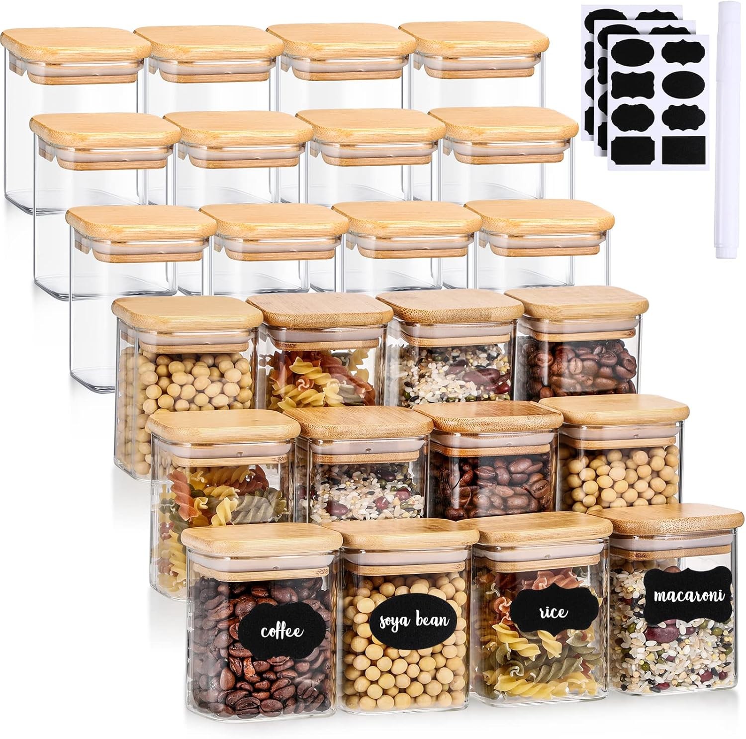 24 Pcs Glass Spice Jars with Bamboo Lid 7oz Spice Container with Sticker Labels