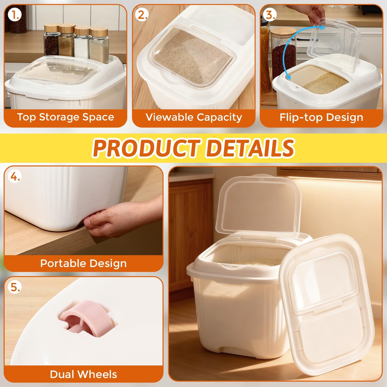 4 Pack Sugar Storage Containers Flour Bin with Wheels Large Pet Dog Food Stor…