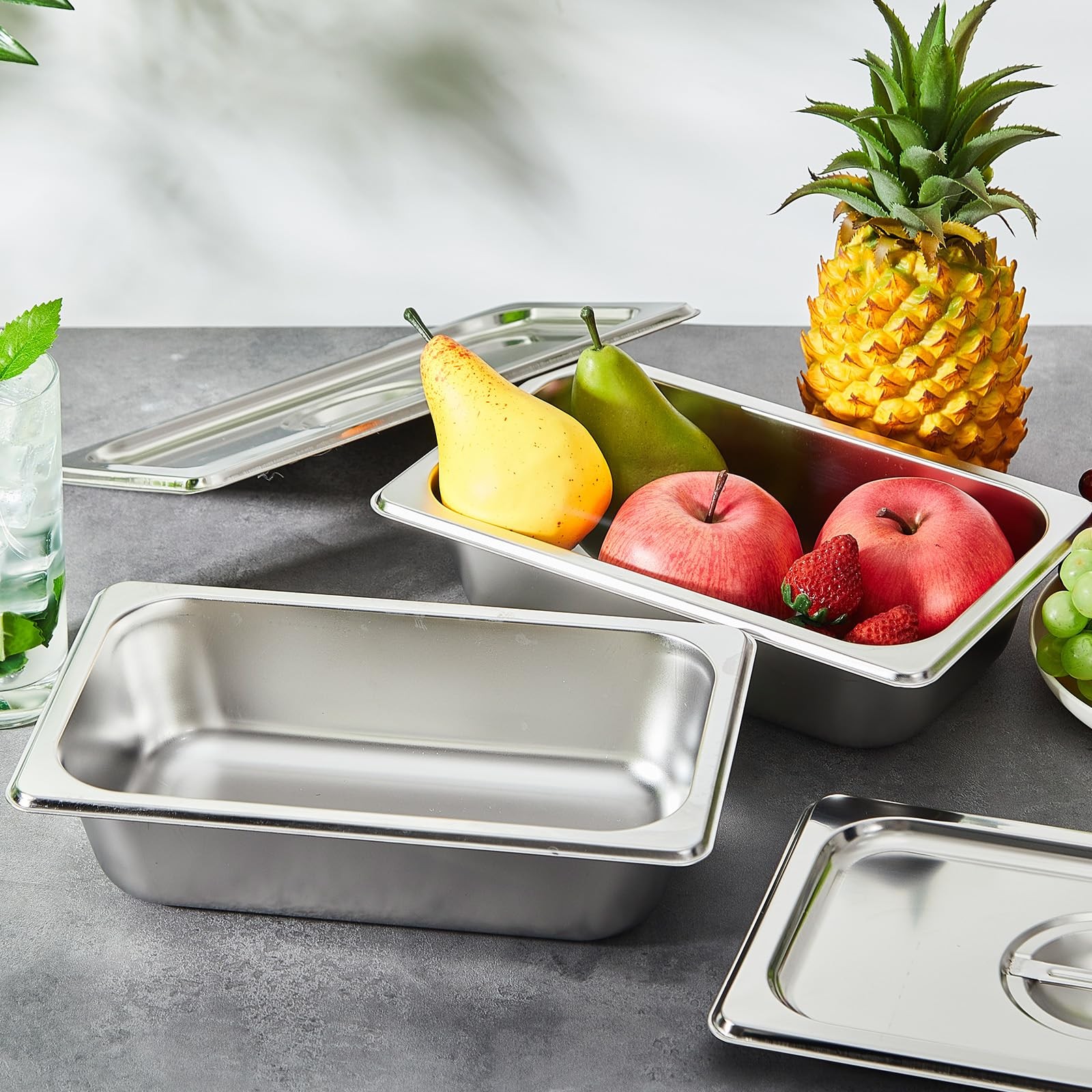 6 PCS Stainless Steam Hotel Pan Lid 1/4 Size Deep Catering Buffet 21/2 In