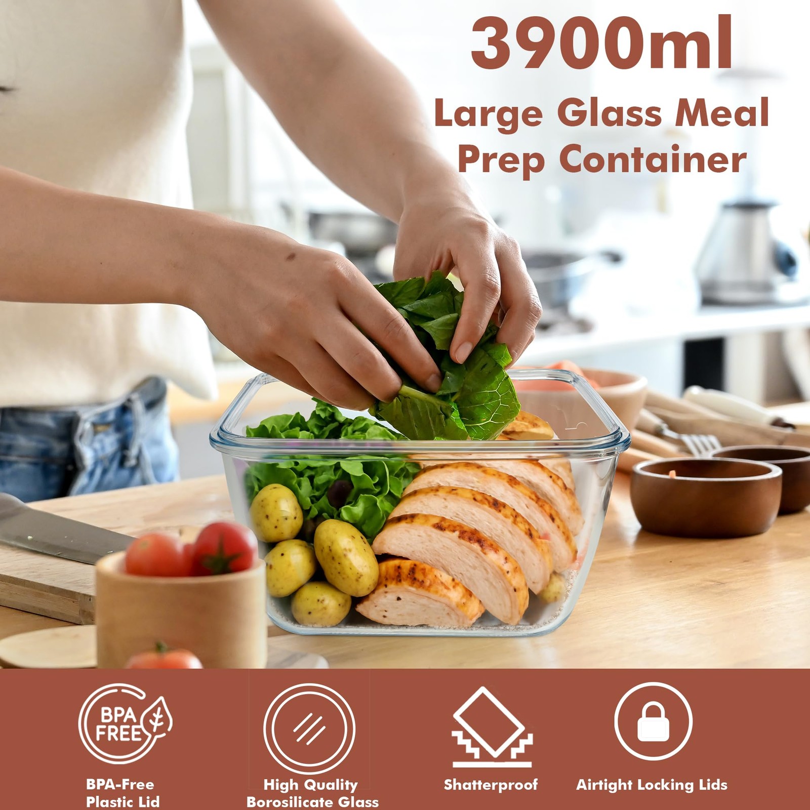 Glass Food Storage Containers 17 Cups 132 Oz 3900ml Leakproof BPA-Free Oven Safe
