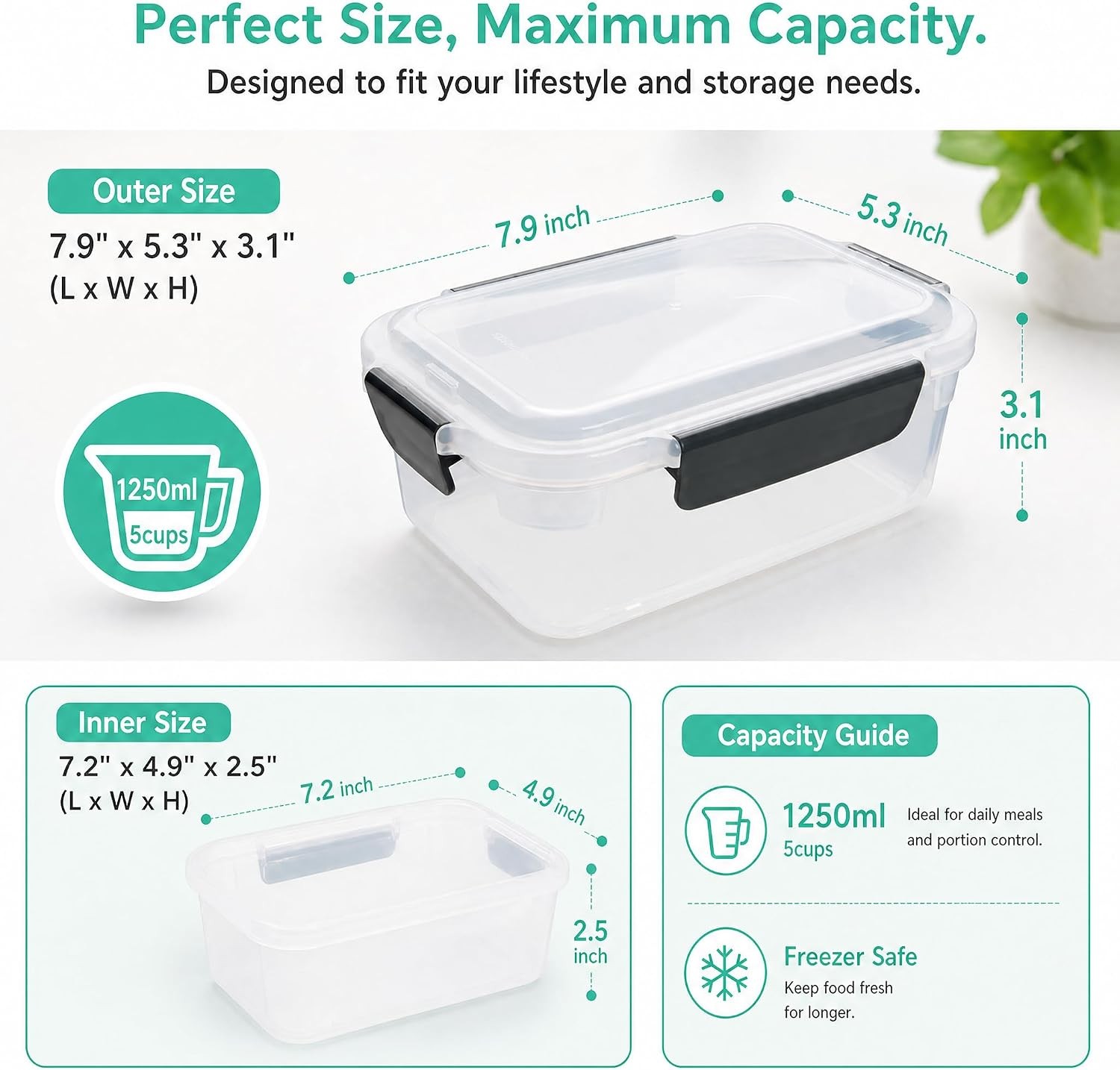5cup Plastic Food Storage Containers With Lids For Lunch Meal Prep,5pk