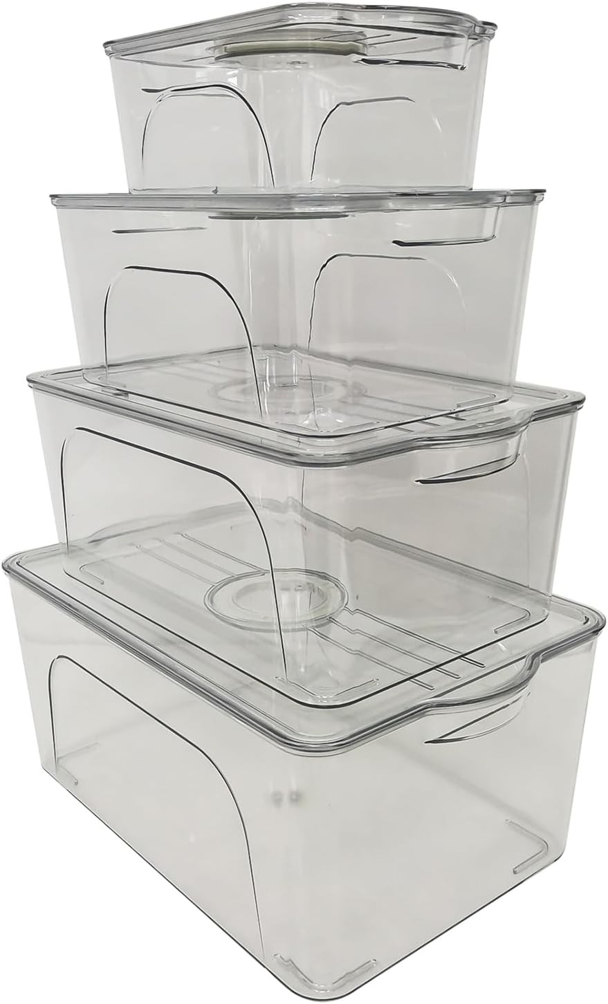 3 Pack Stackable Food Containers, Clear with Lids, Date Recorder for Kitchen