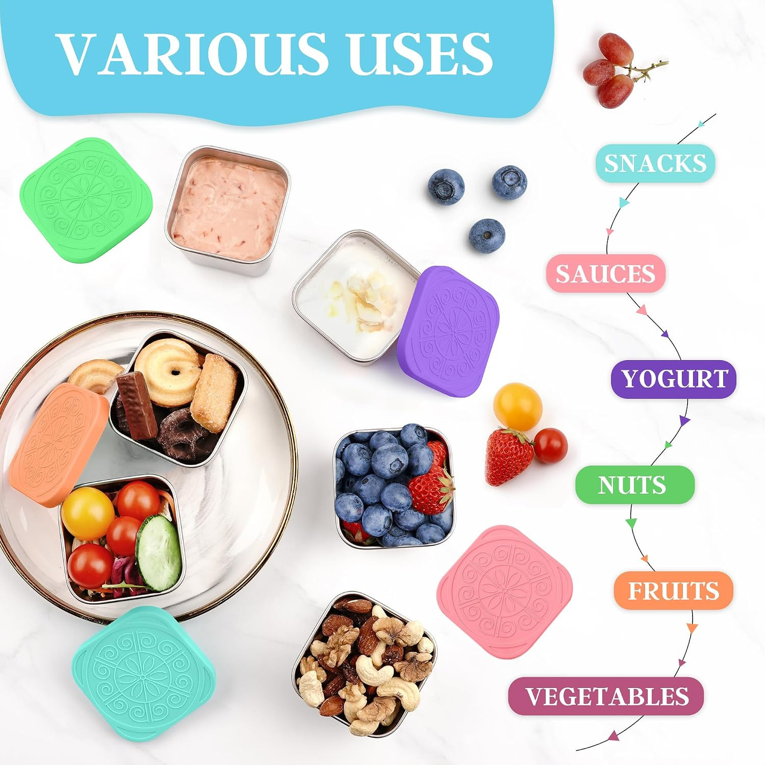 Qukaka Stainless Steel Snack Containers for Kids,7.2oz Easy Open Leak Proof Reus