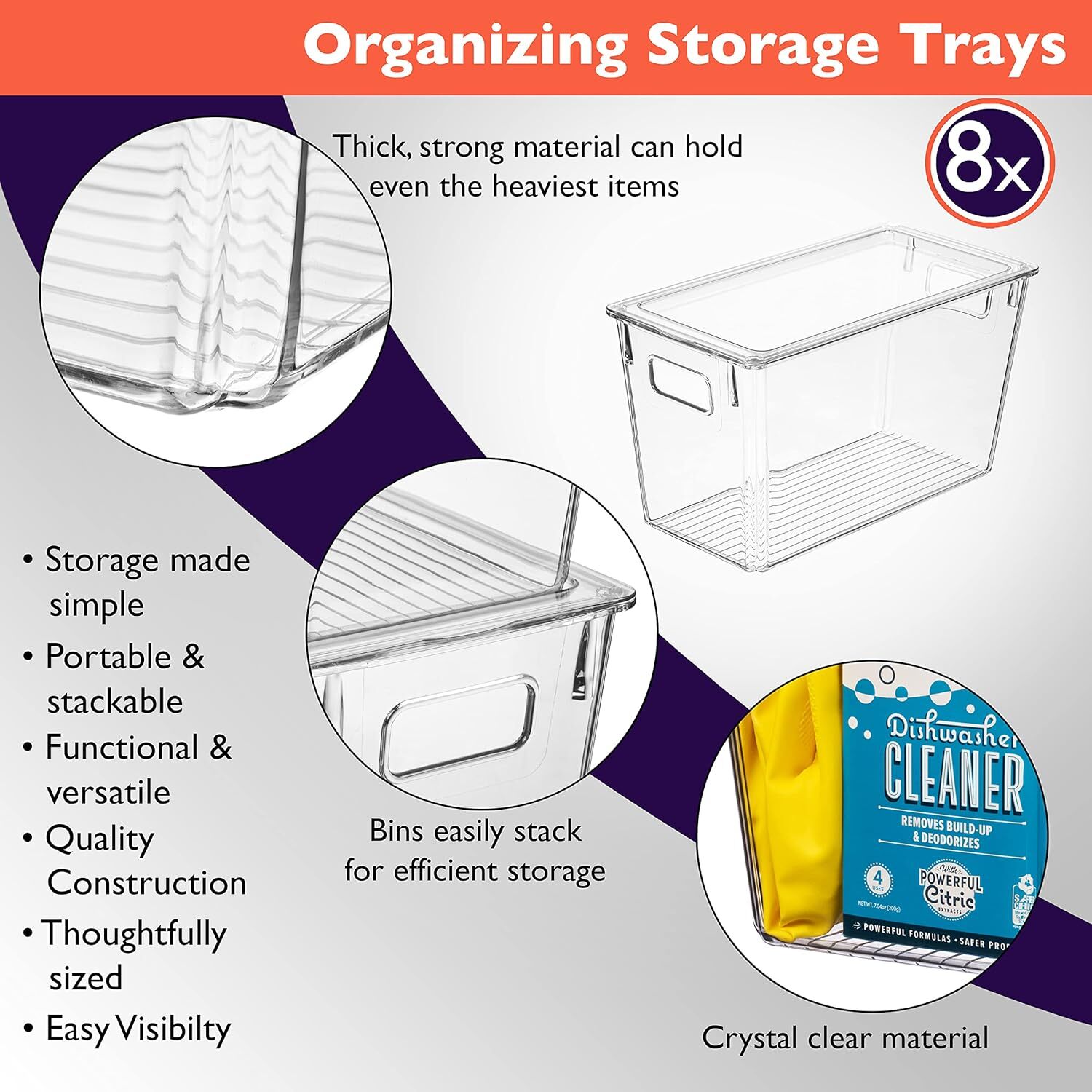 Plastic Storage Boxes (with Lids),Pack of 8,Clear,12.5“x6” x7”, 9Liter Capacity