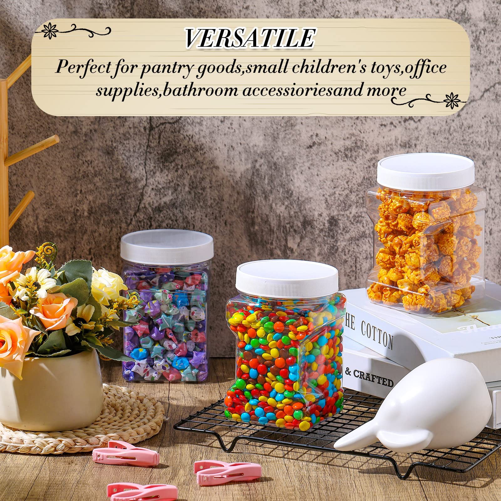 Gerrii 36 Pcs 27 Oz Plastic Storage Jars with Lids, Clear Wide Mouth Square P…