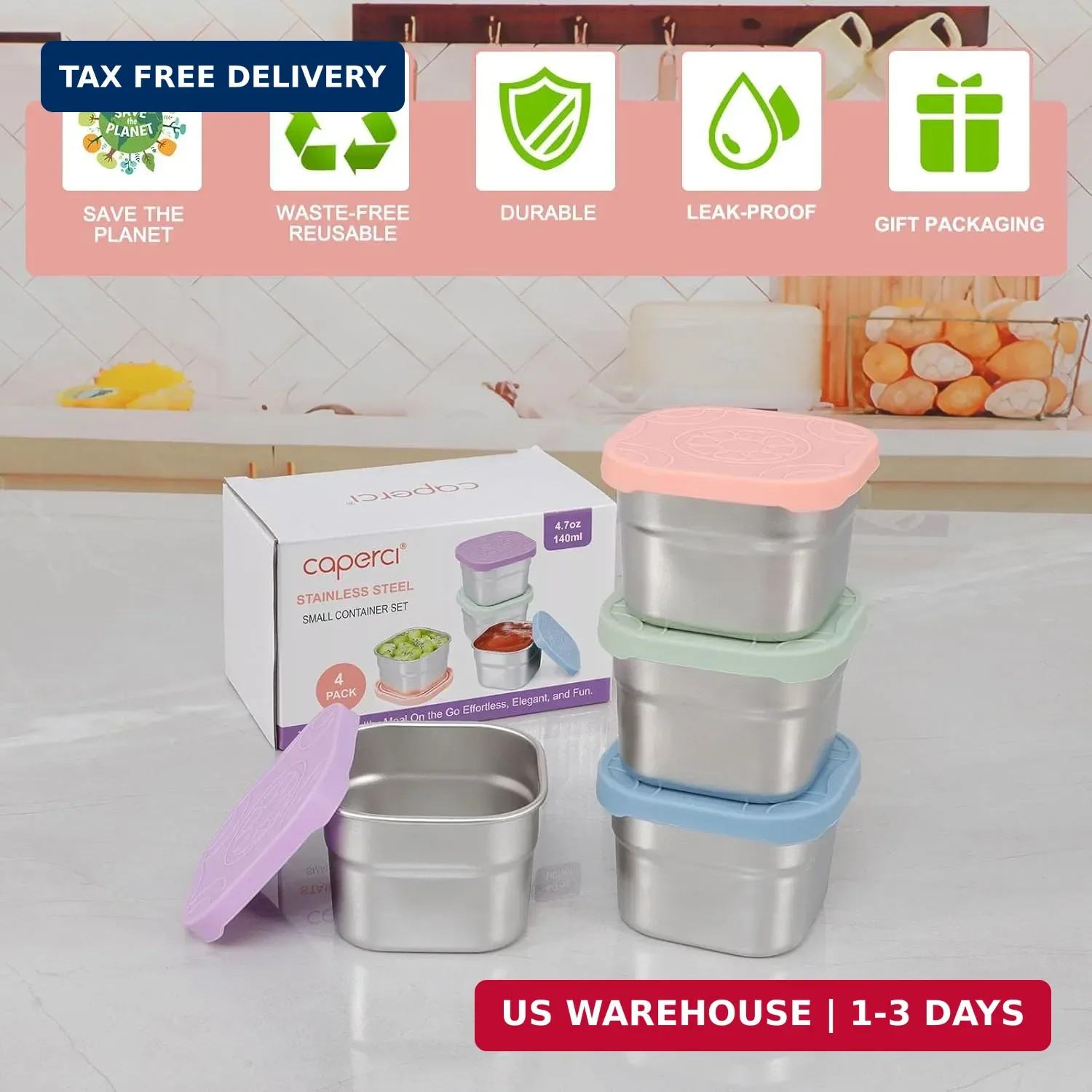 Stainless Steel Snack Containers Set of 4 Silicone Lids 4.7oz Leakproof BPA Free