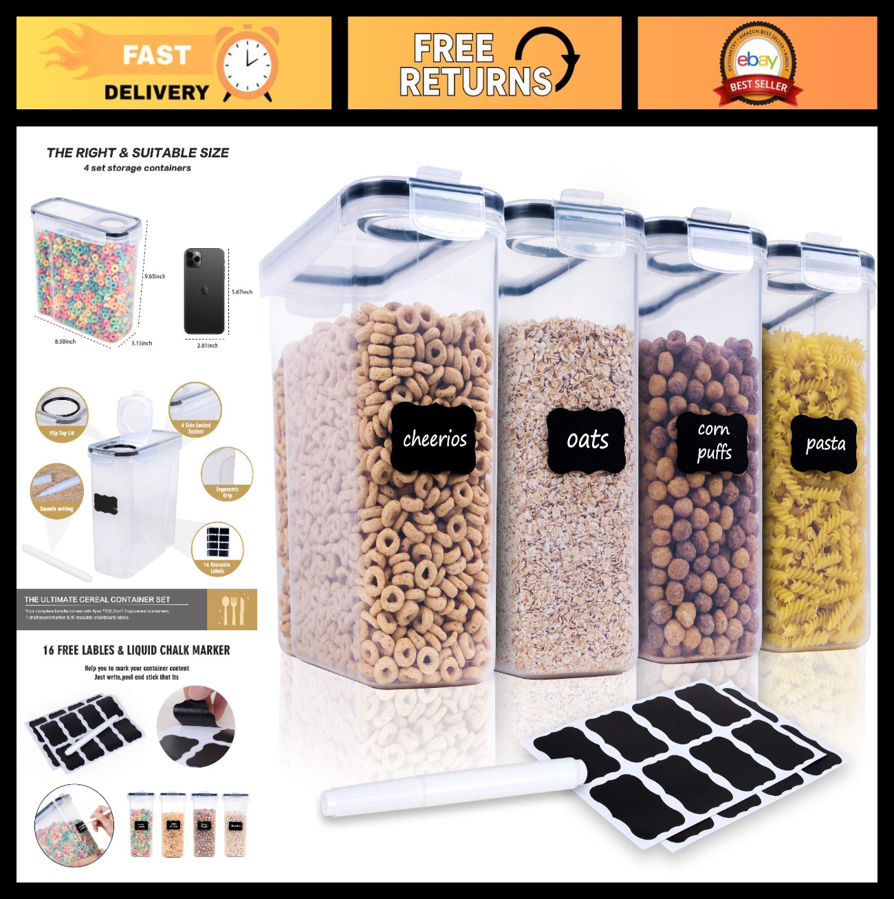 Airtight Cereal Storage Containers Set – 4 Large BPA-Free Food Dispensers 135.2o