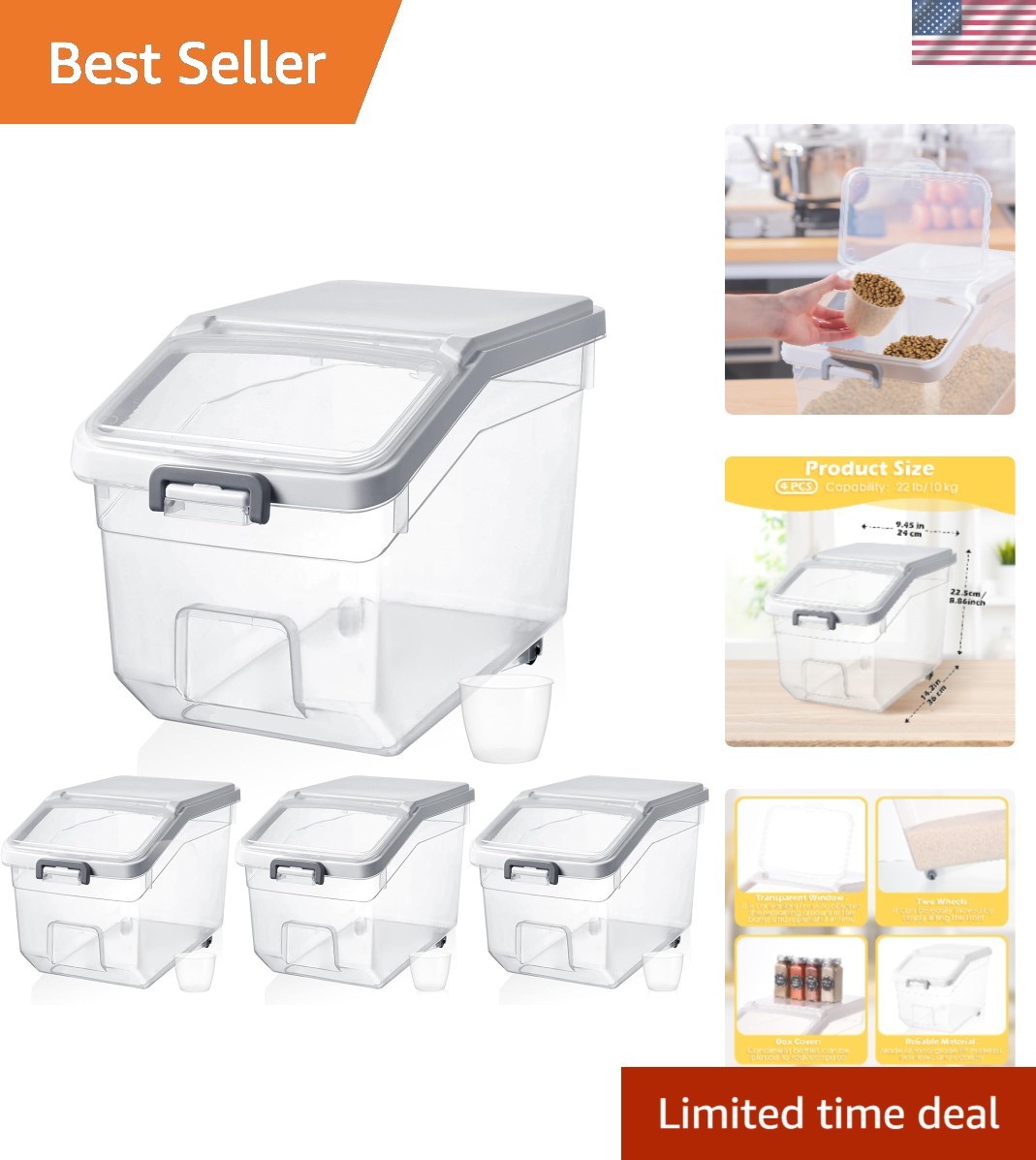 Durable 4 Pack Airtight Containers with Snap Lid – Perfect for Rice & Pet Food