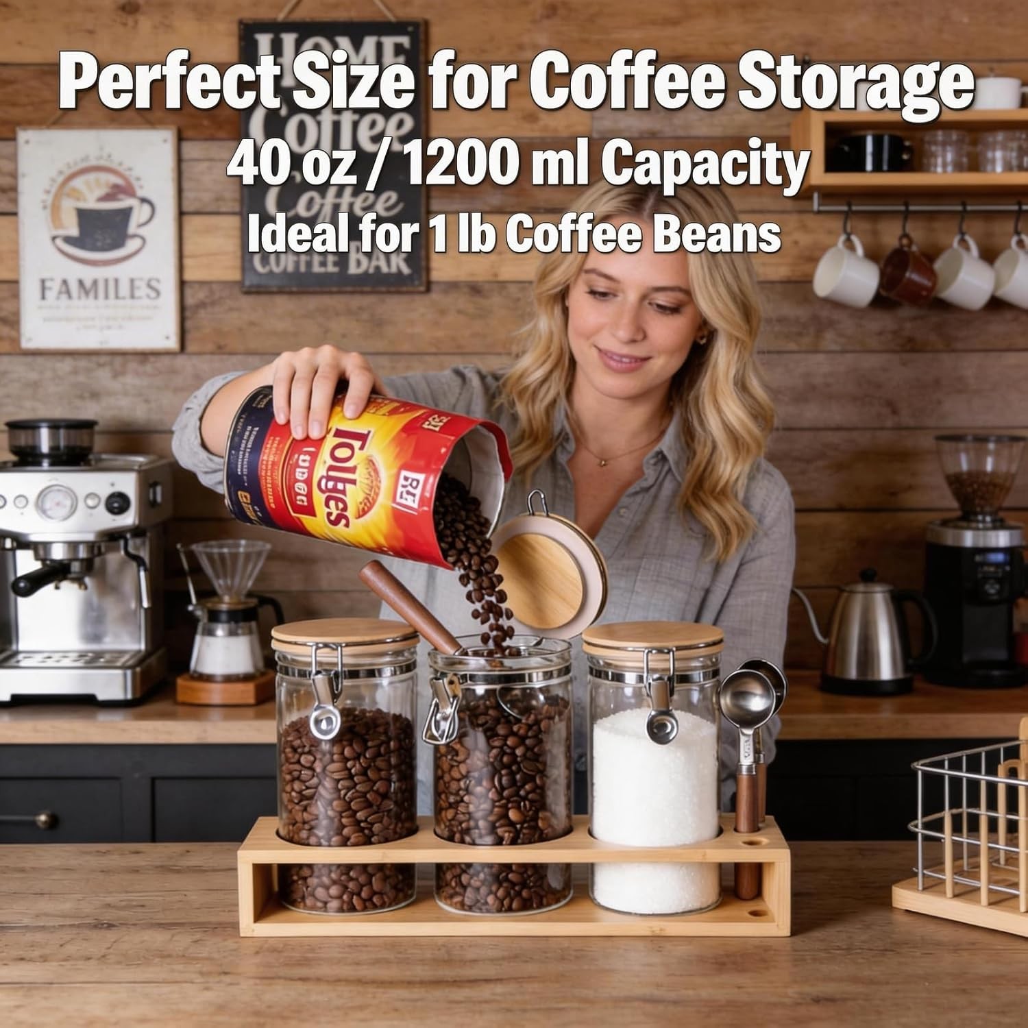 3-Pack Protein Powder Storage Containers with Bamboo Stand – 1200ml Large