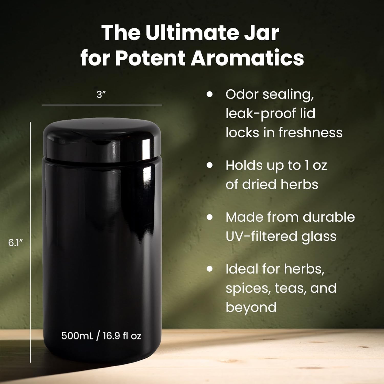 500ml (17 fl oz) Airtight UV Glass Jars Odor Blocking, Antistatic, Light