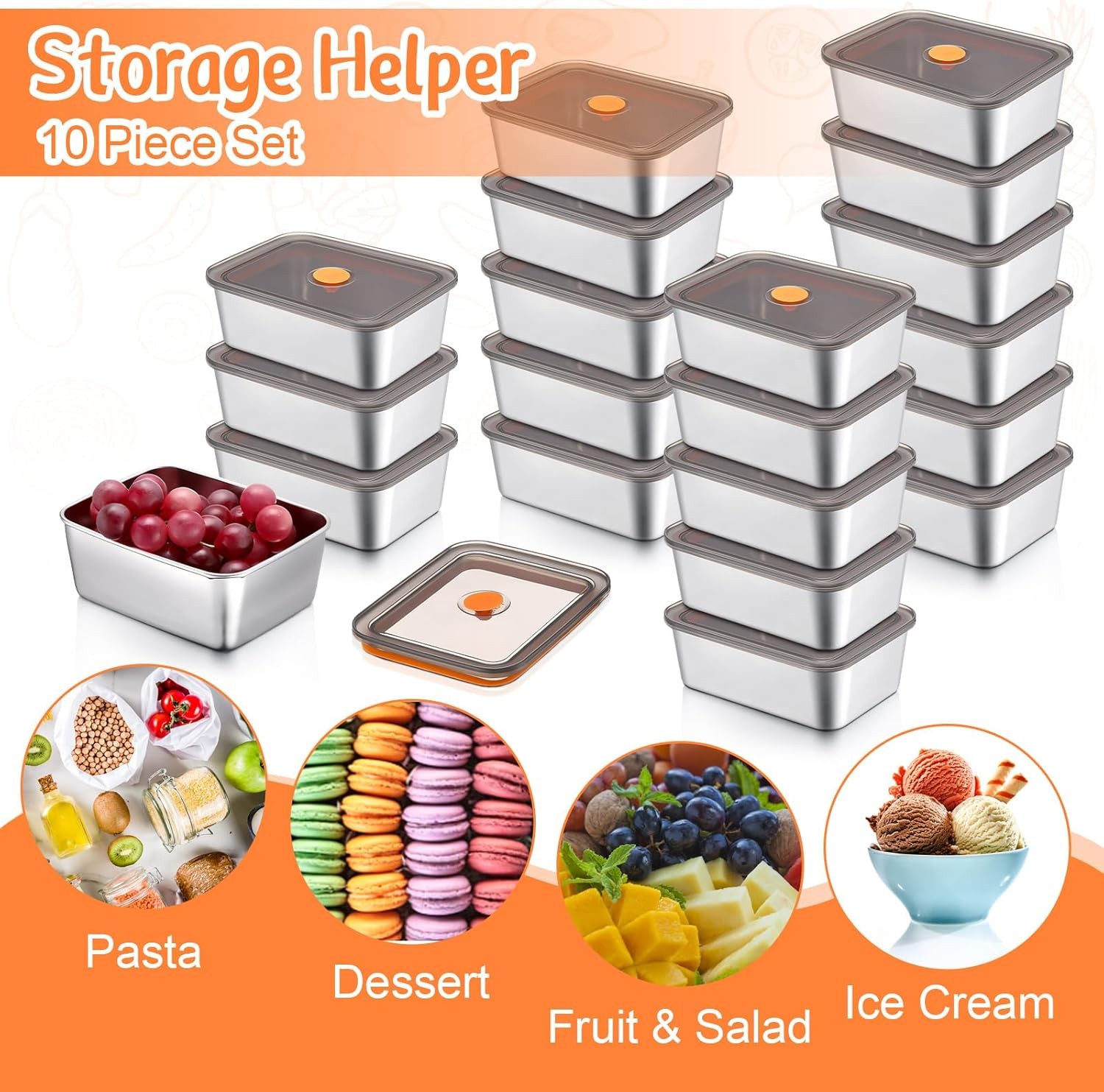 Layhit 10 Set Stainless Steel Food Containers with Lids 20 oz 20 oz, silver
