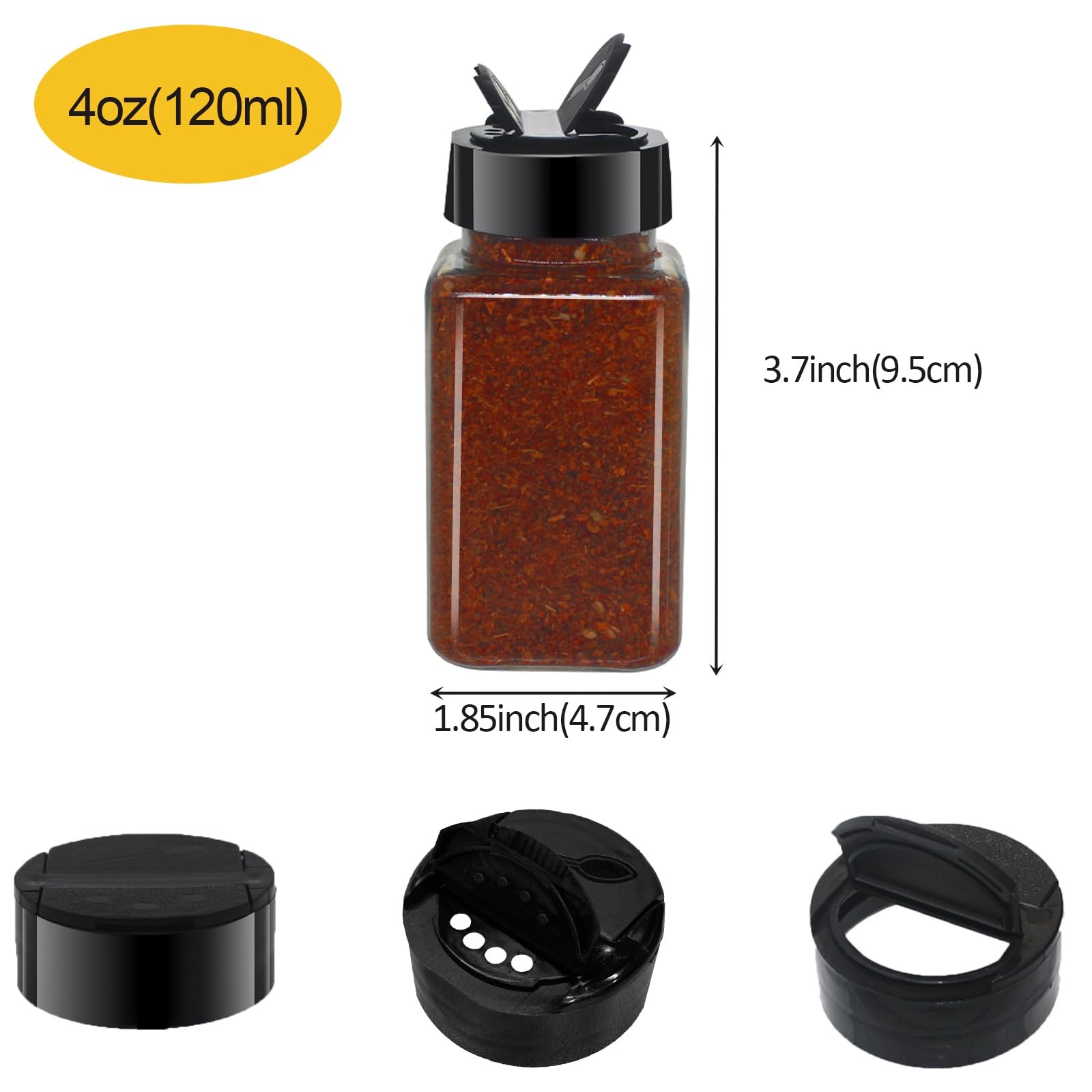 24 Pack 4oz Clear Plastic Spice Jars With Black Plastic Lids, Square Spice