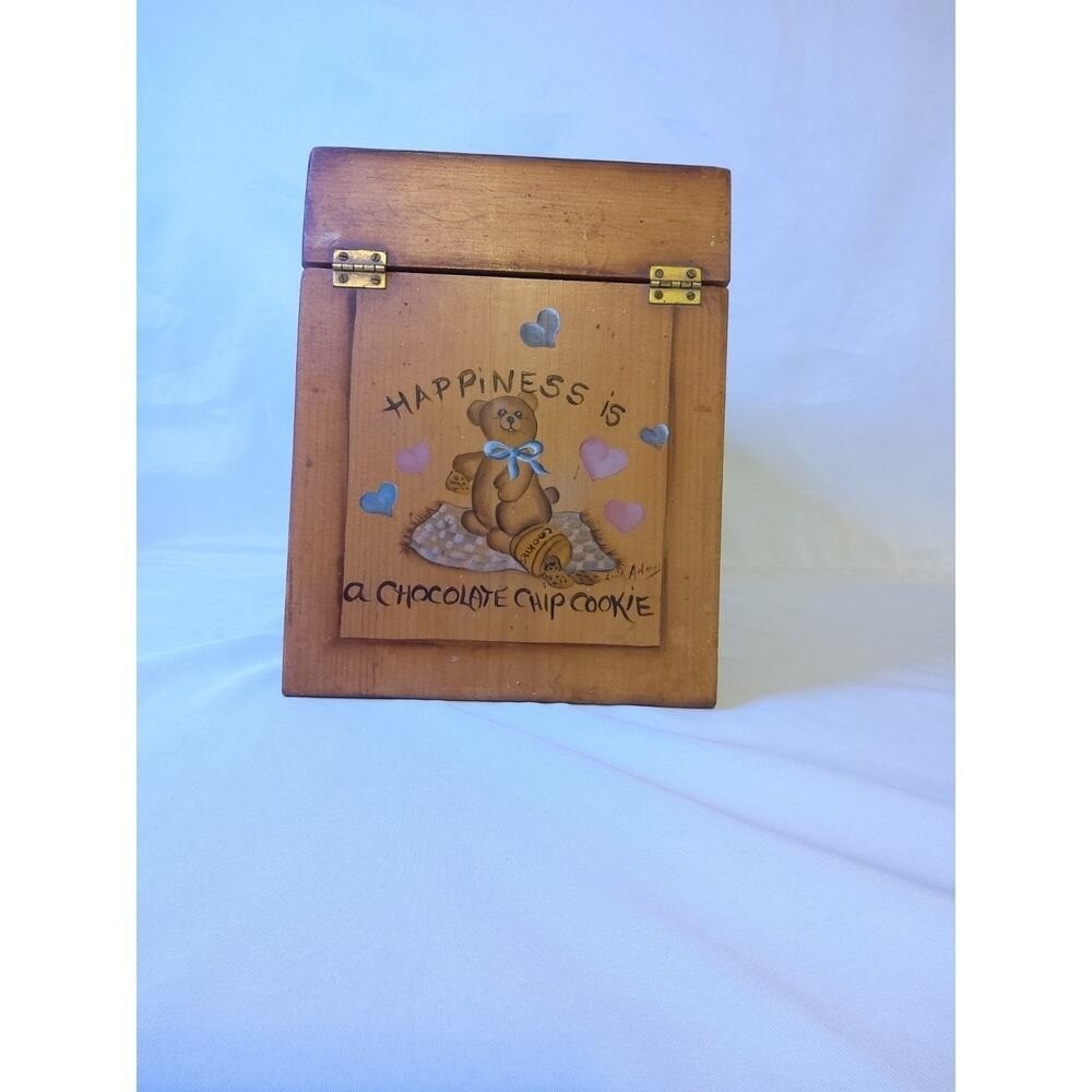 Vtg teddy bear & hearts Wood Cookie Box, Decorative Lid, rustic cottagecore,
