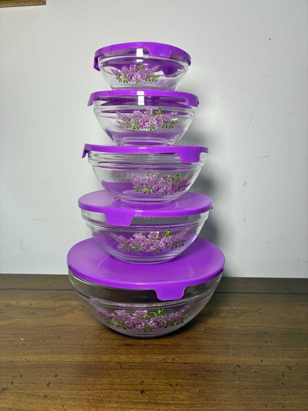 Vintage Durable Imperial 10p Nesting Glass Bowl Set w/ Purple Lids Floral Design