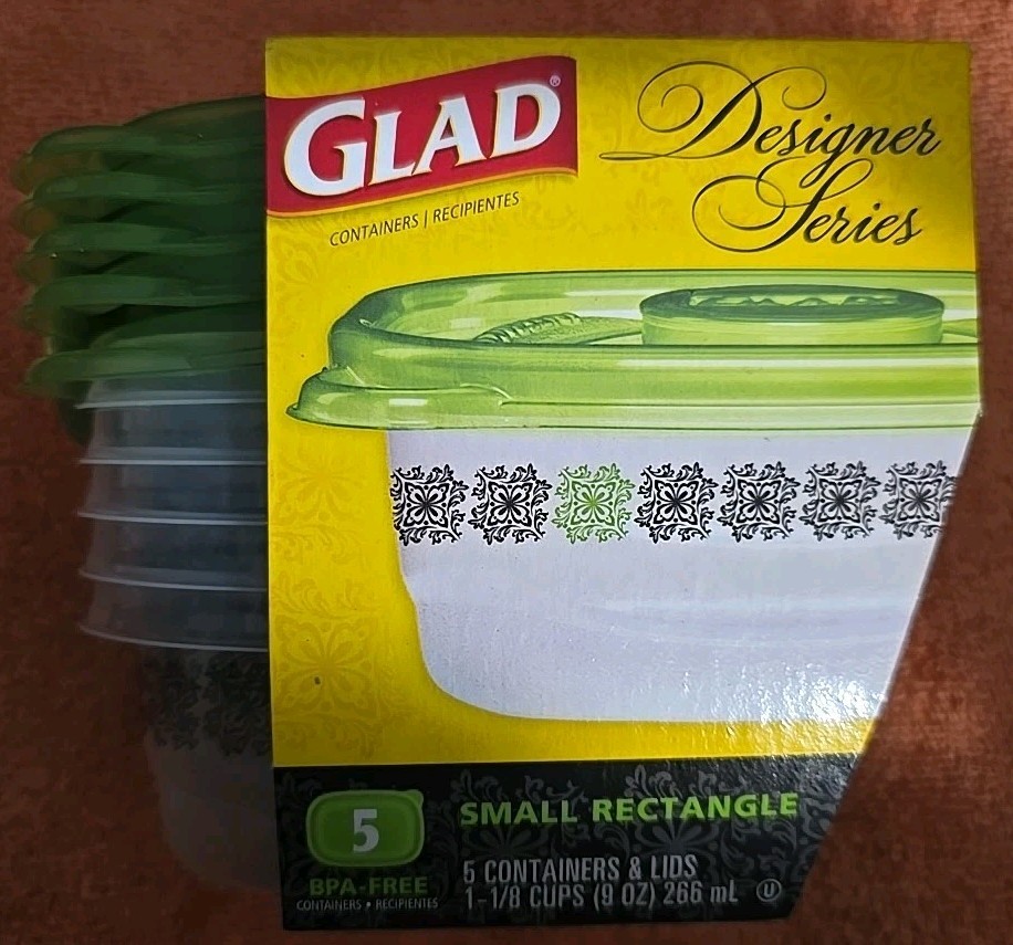 Glad Designer Series 5 Small Rectangular 9 oz Containers Interlocking Lids Food