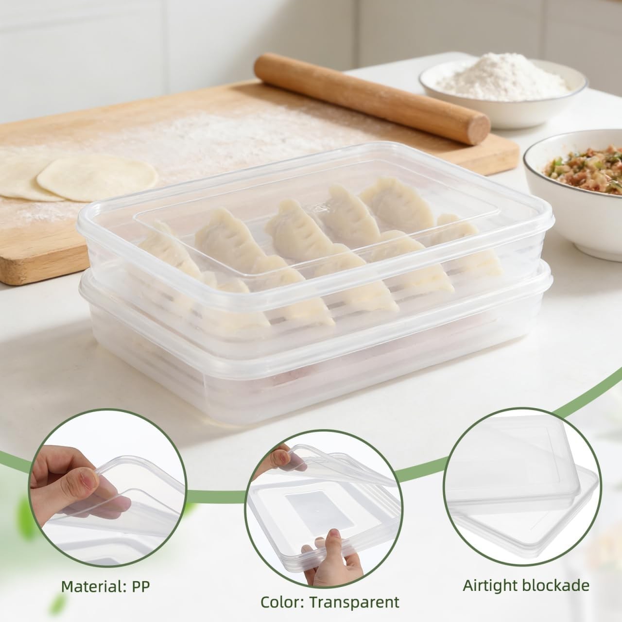 2pcs Dumplings Storage Box Refrigerator Container W/ Lid Dumplings Stackable