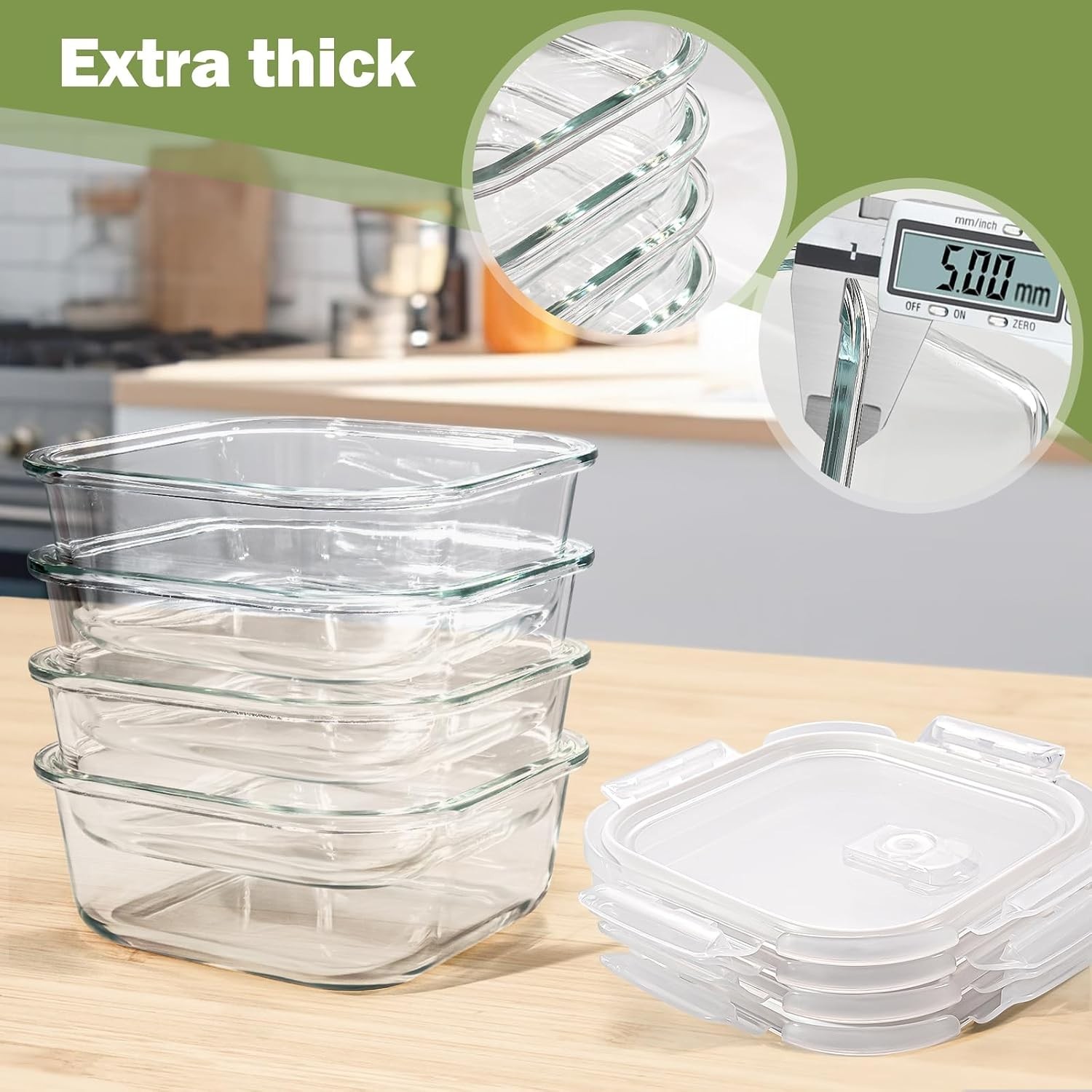 Square Glass Containers with Lids 3 Cup/24 oz, 4 Pack