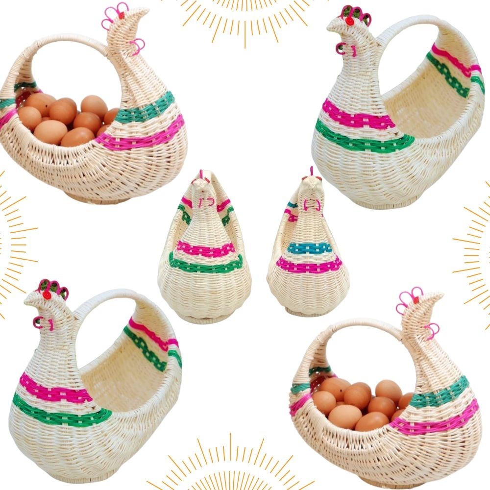 Handwoven Rattan Chicken Basket Thai Handmade Egg Holder Rustic Gift Hamper Deco