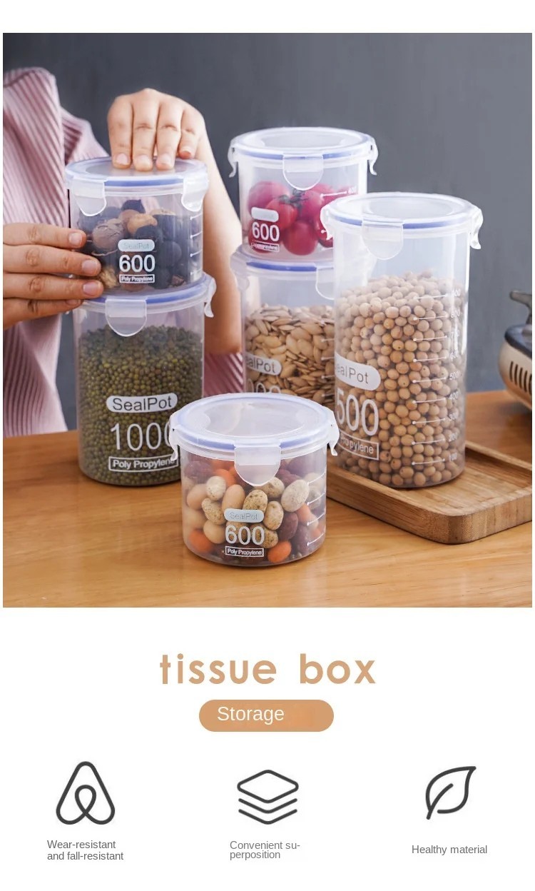 Airtight Grain Storage Container Clear Food Jar Kitchen Organizer 600-1500ML