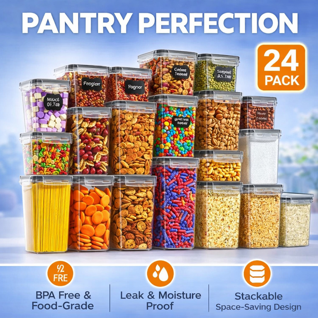 Airtight Food Storage Containers 24 PCS Pantry Kitchen Canisters BPA Free Set 24