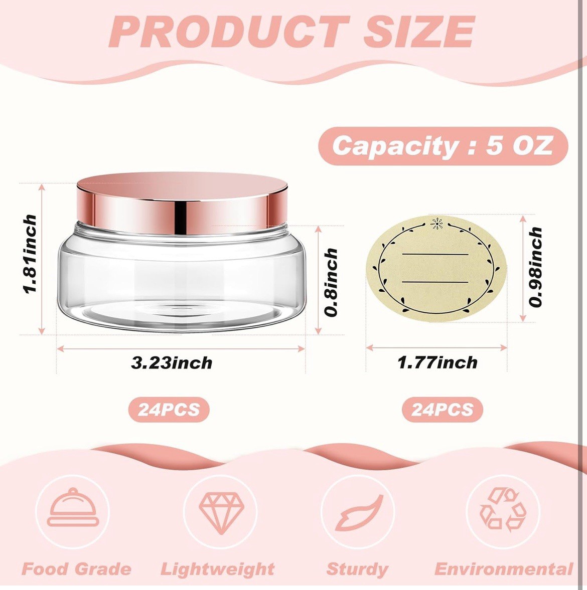 Tessco 24 Pack Plastic Jars with Lids Labels 5 oz, Clear, Rose Gold