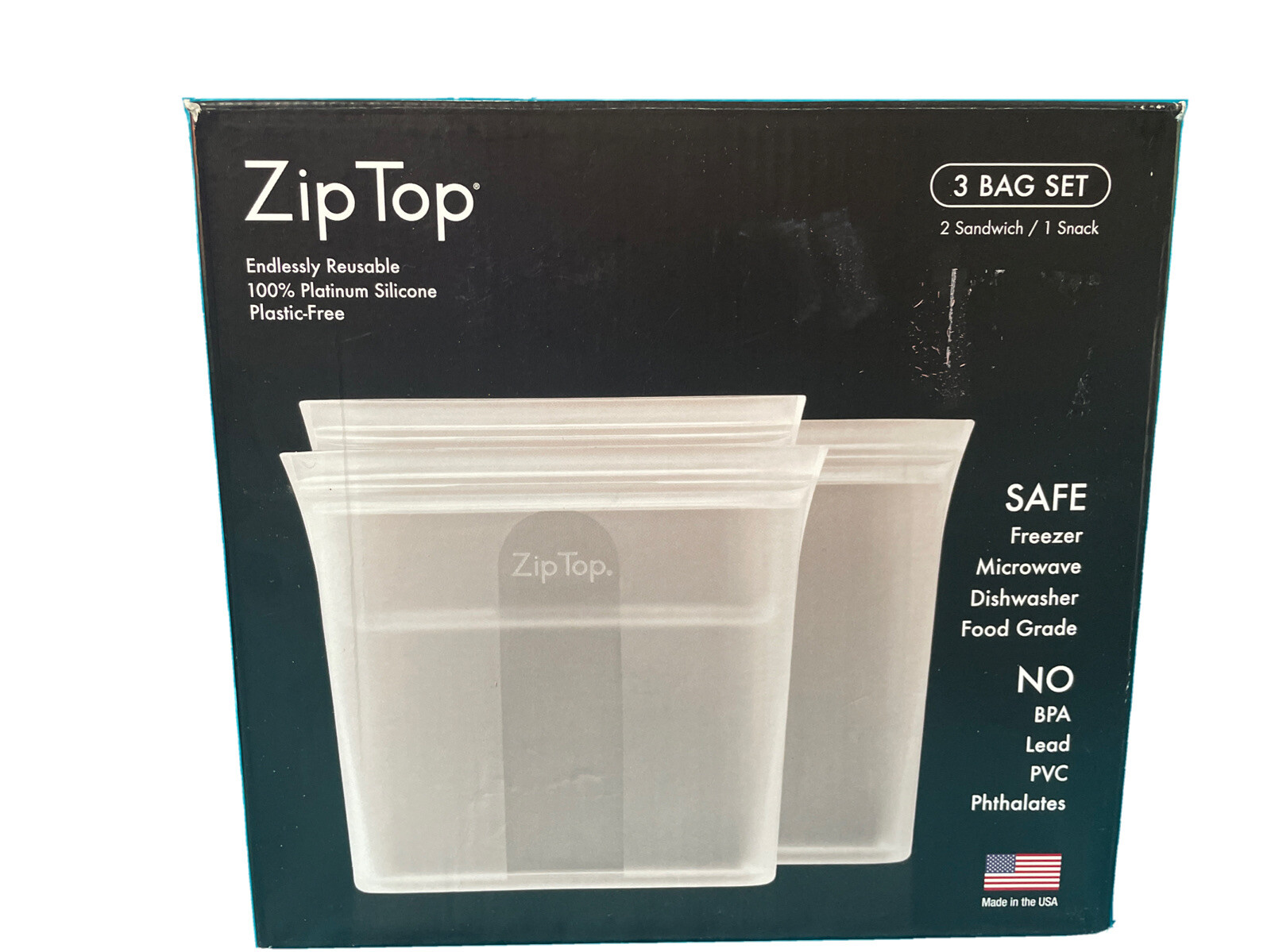 Zip Top Platinum Silicone 3 Bag Set 2 Sandwich 1 Snack No BPA Plastic Free