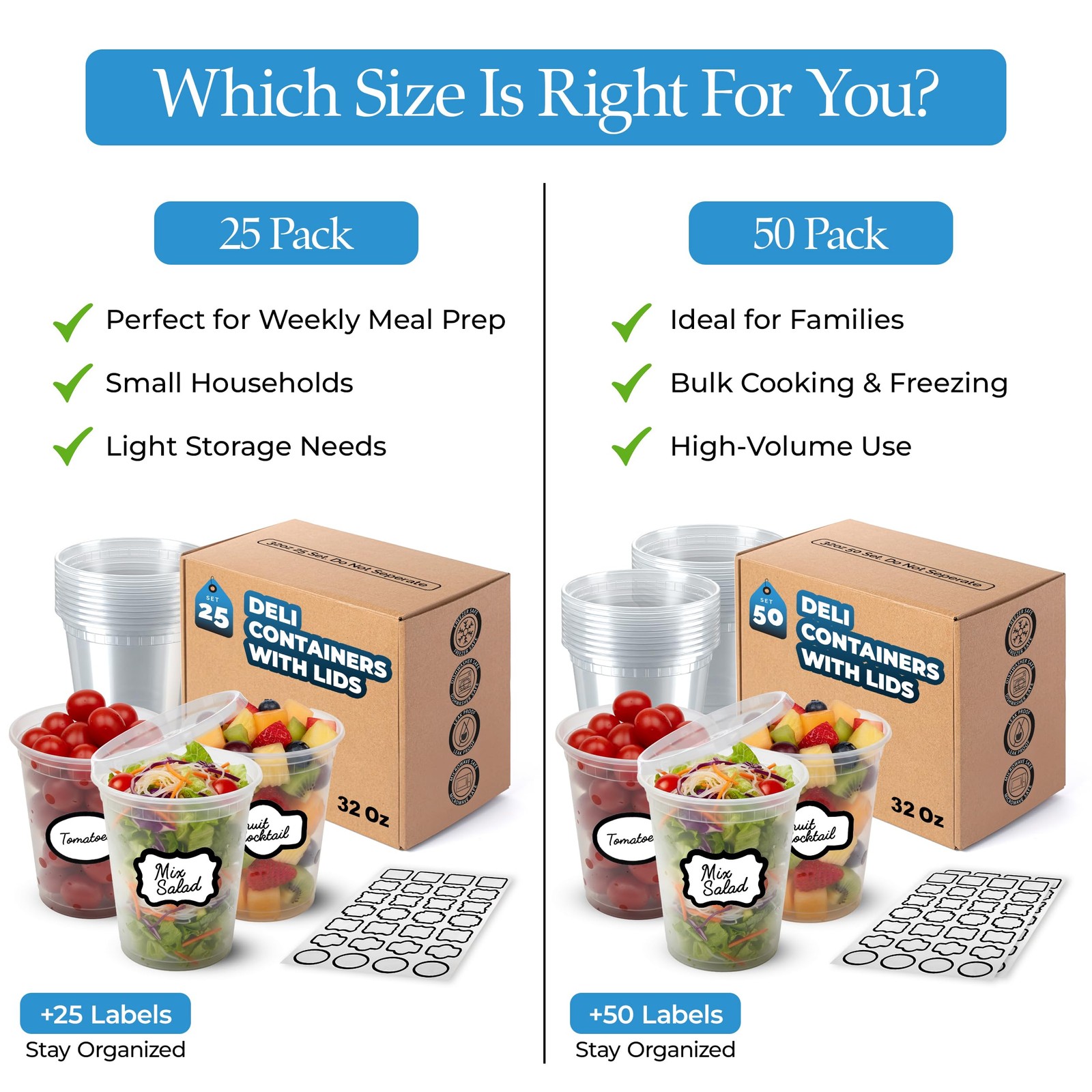 [50 Sets] 32 oz Deli Containers with Lids & Two (2) Label Sheets – Leakproof …