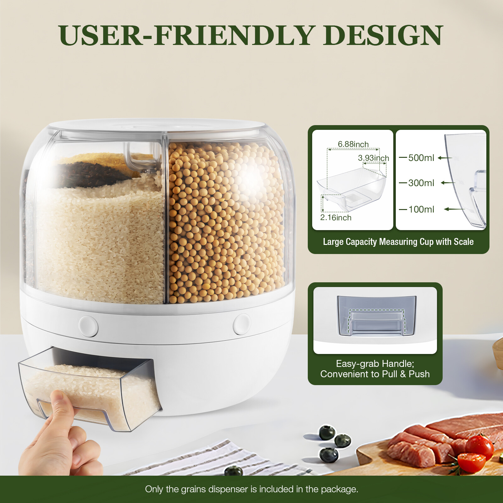 Rice Dispenser Dry Grain Food Storage Container Tank 6-Grid Rotating for Kitchen