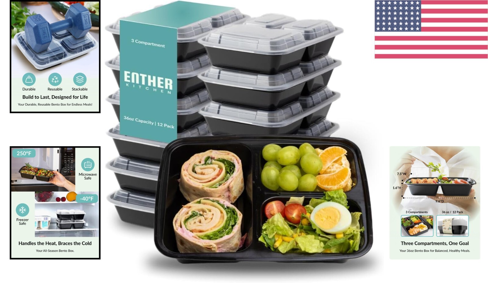 Durable 12 Pack 3-Compartment Meal Prep Containers – Microwave & Dishwasher Safe