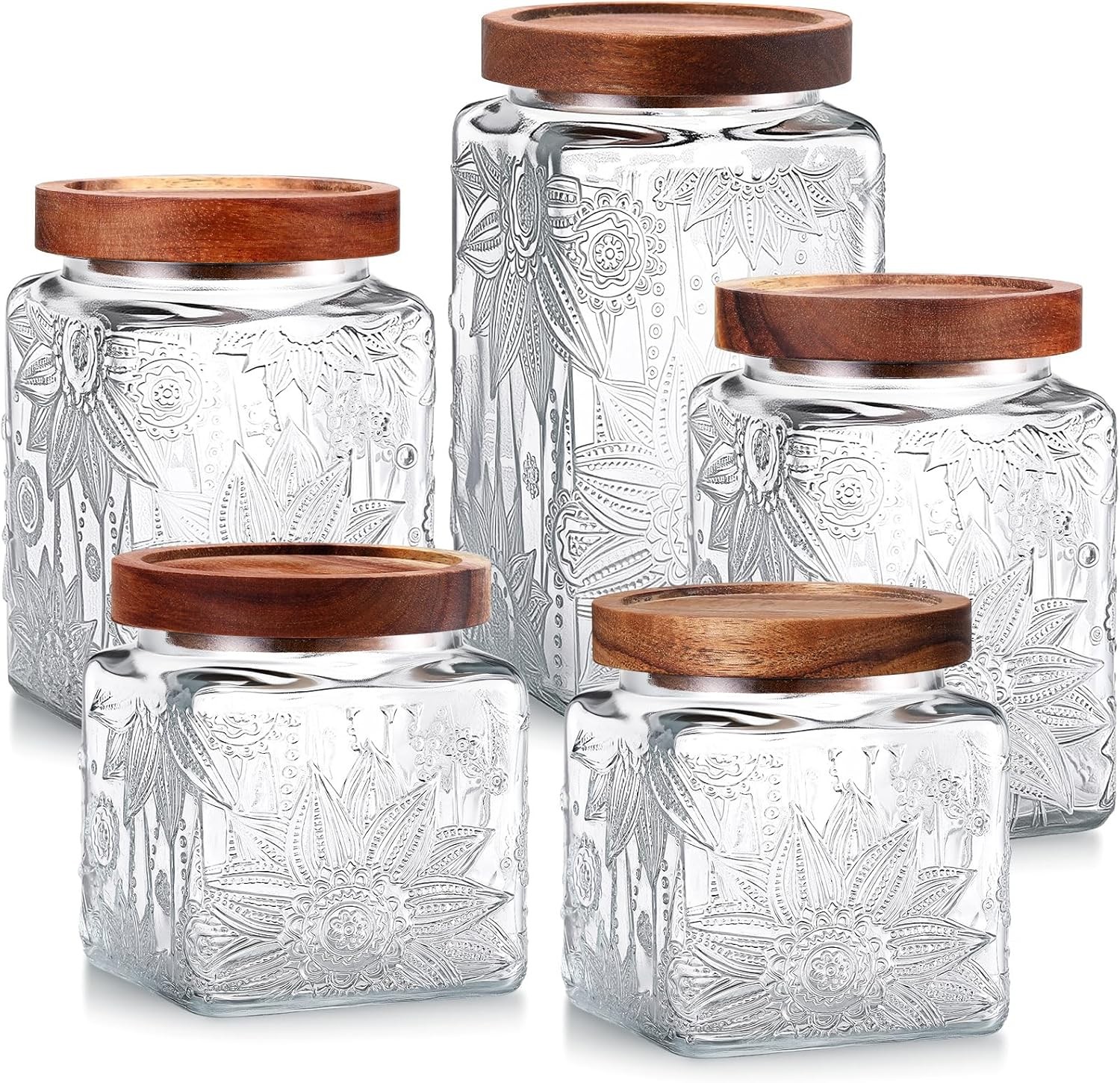 5 Pcs Sunflower Vintage Glass Jars with Bamboo Airtight Lid 17/24/34 oz Glass