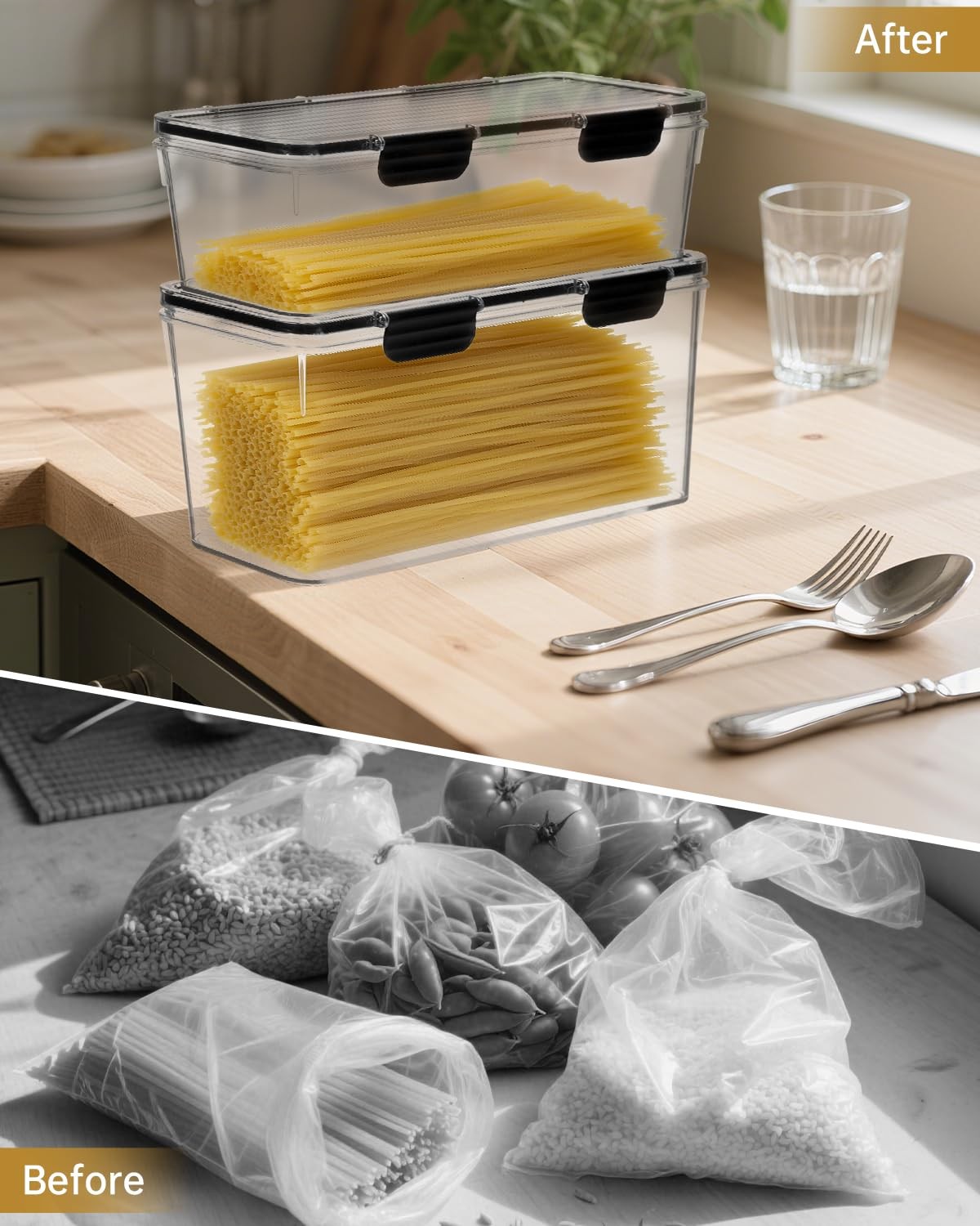 Set of 2 Spaghetti Pasta Storage Container with Lid, (3.6L/2.8L) Clear Kitche…
