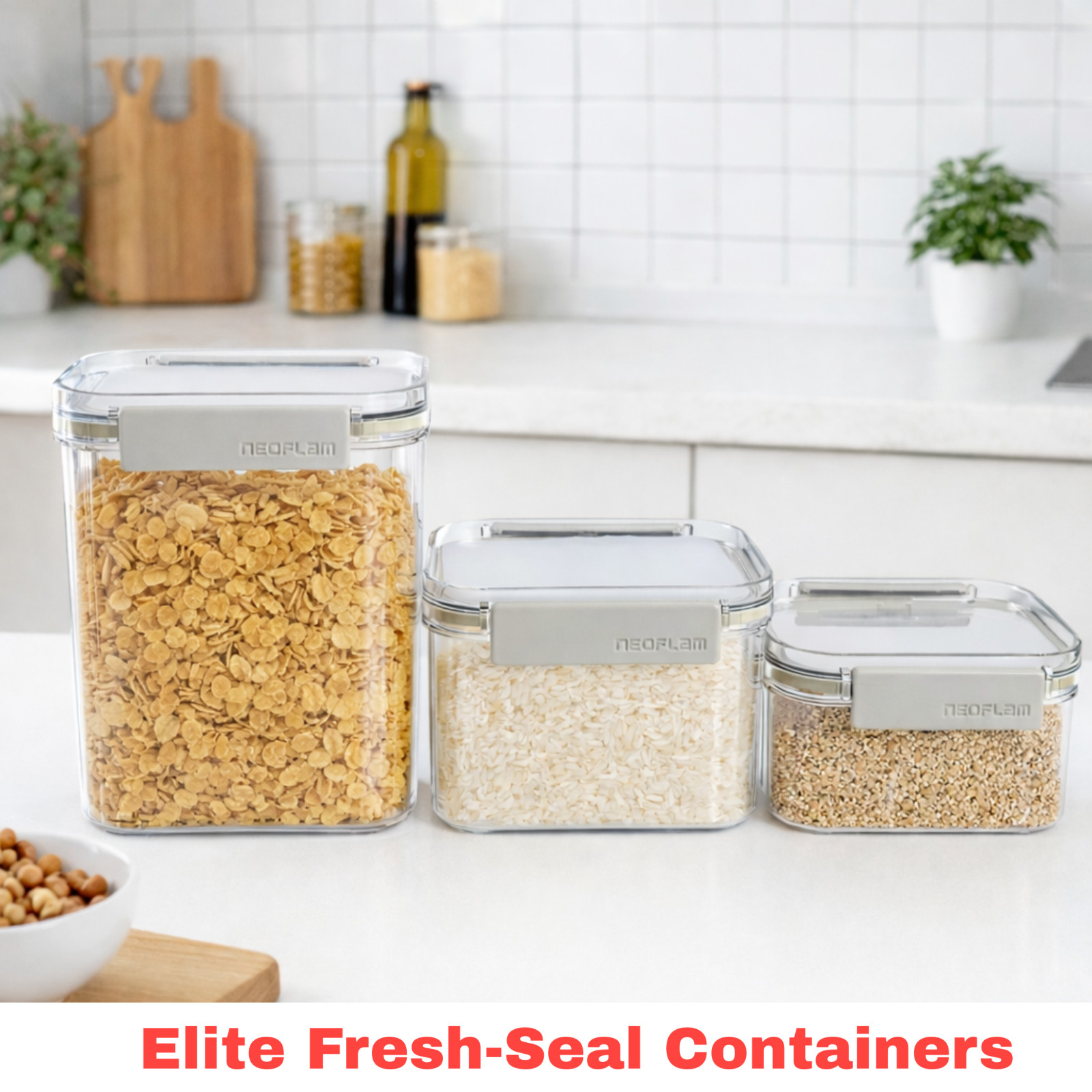3 Set Neoflam Airtight Dry Food Container with Lid, Pantry Freezer Organizer