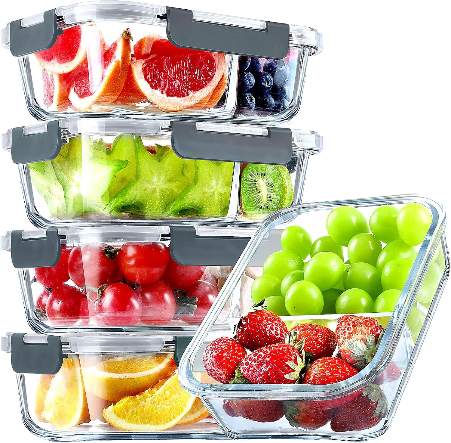VERONES 5 Pack Glass Meal Prep Containers 2 Compartment Set, 36OZ Airtight Glass