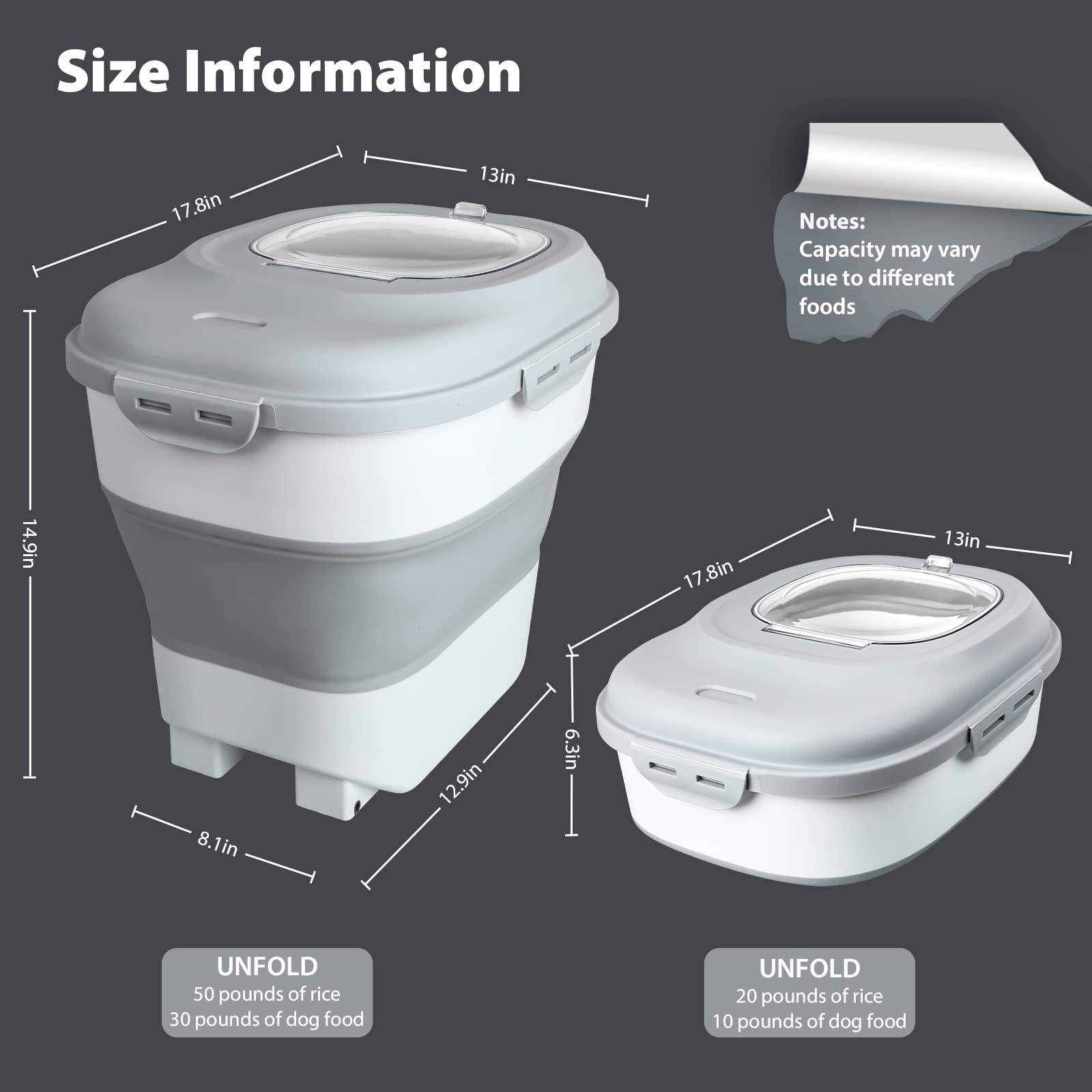 Viretec Cereal Rice Storage Containers, 20 to 50Lbs Collapsible Dry Food Disp…