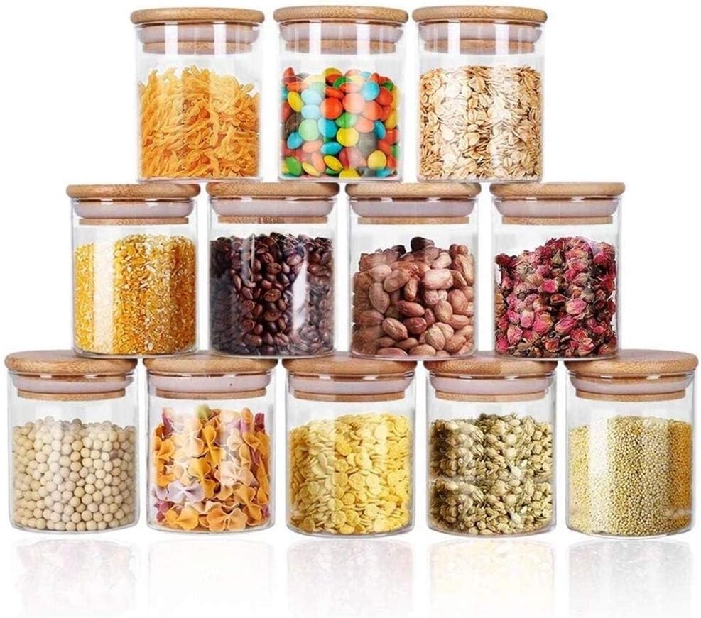 Glass Jars 9OZ, 12 Set with Bamboo Airtight Lids and Labels, Food Cereal Storage