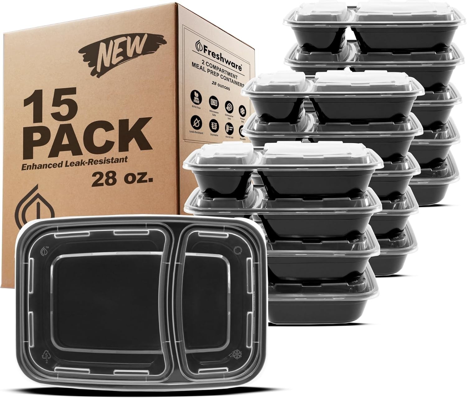Versatile Meal Prep Containers [15 Pack] – 2 Compartment Bento Boxes, 28 oz