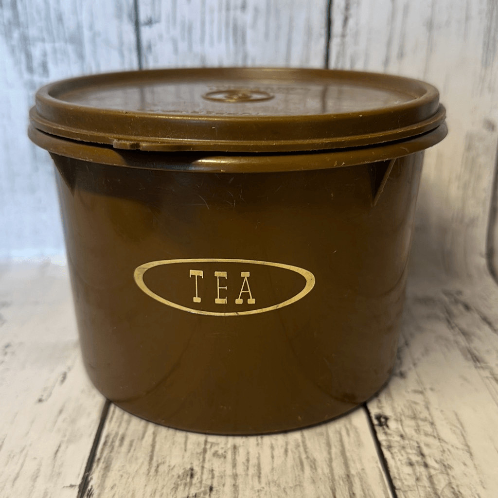 Vintage Tupperware dark brown hot tea canister coffee tea bags loose keeper