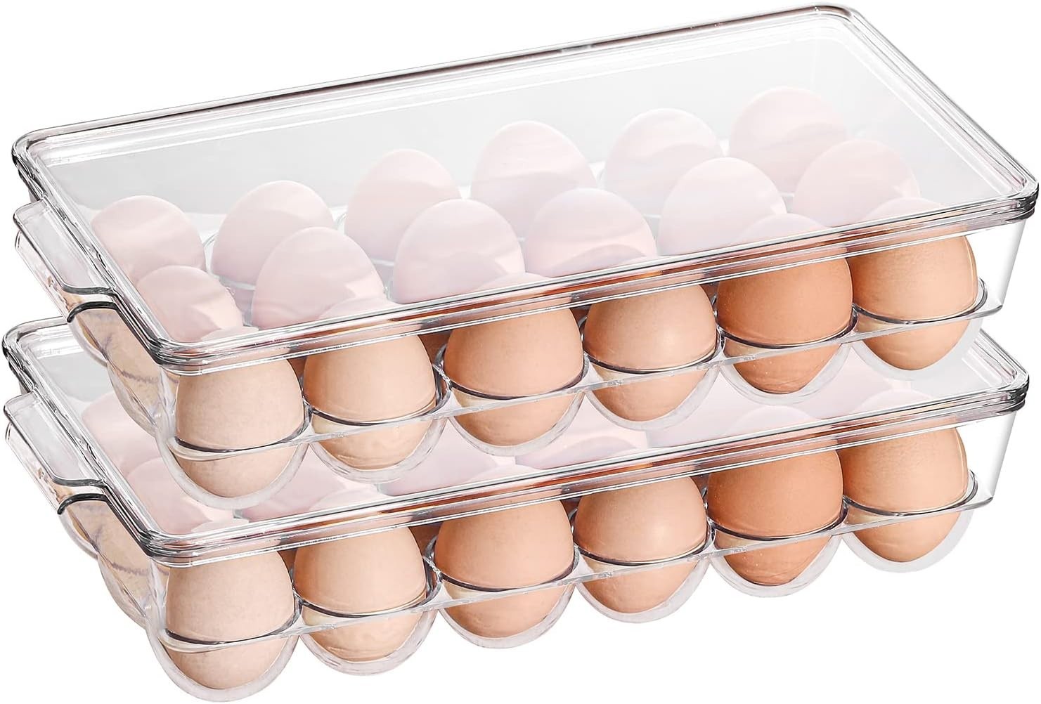 2 Pack Clear Plastic Egg Holders for Refrigerator, Stackable, Holds 18 Eggs