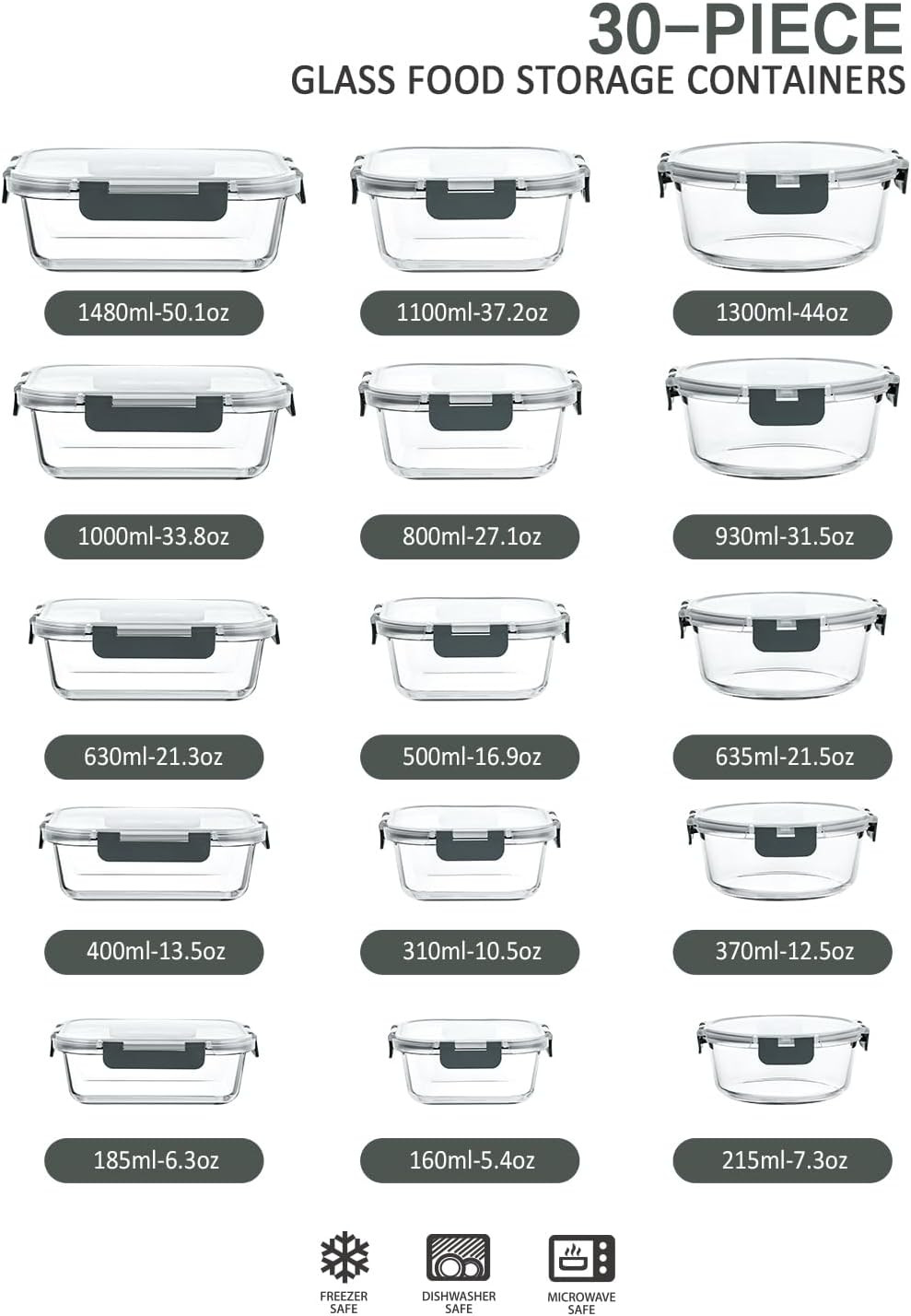 M MCIRCO 30 Pieces Glass Food Storage Containers with Snap Locking Lids,Glass Me