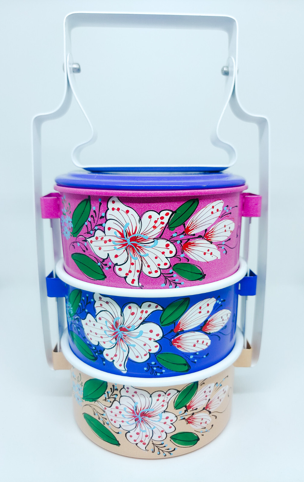 Metal 100% food safe 11cm. Hand-painted Thailand tradition Tiffin box